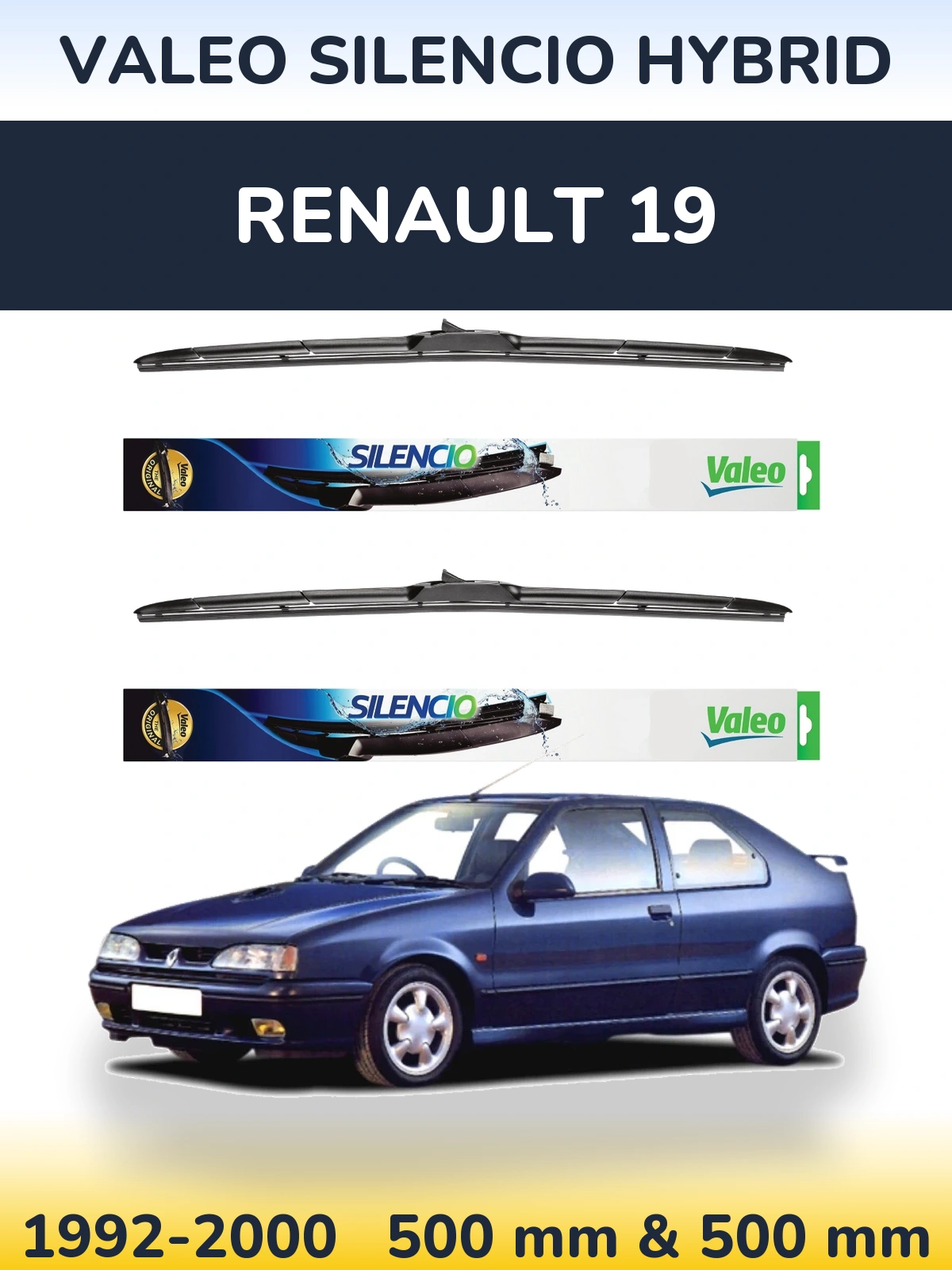 Sada předních stěračů Valeo Silencio Hybrid 500 a 500 mm pro Renault 19 1992-2000
