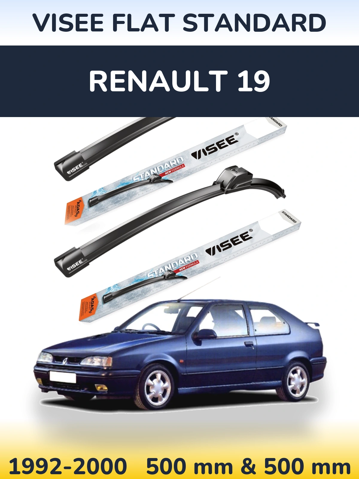 Sada předních stěračů VISEE FLAT STANDARD 500 a 500 mm pro Renault 19 1992-2000