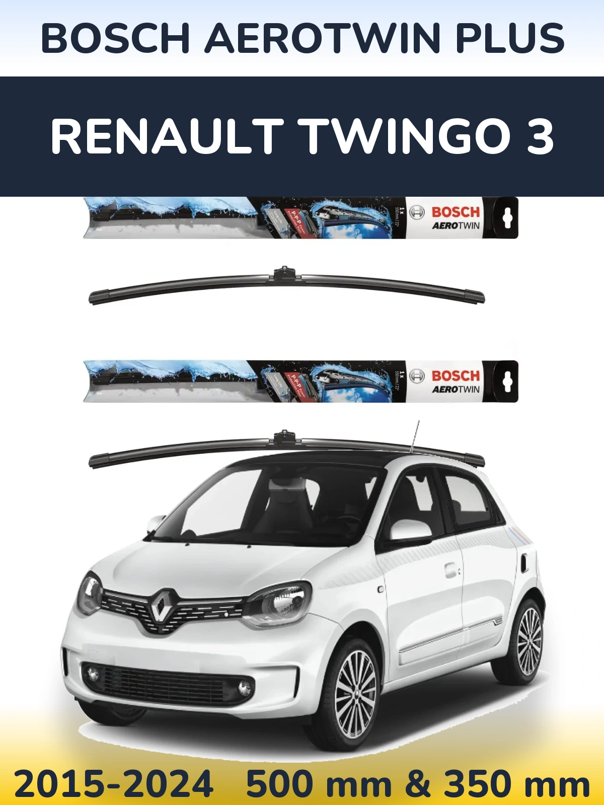 Sada předních stěračů BOSCH AeroTwin Plus 500 a 350 mm pro Renault Twingo 3 2015-2024
