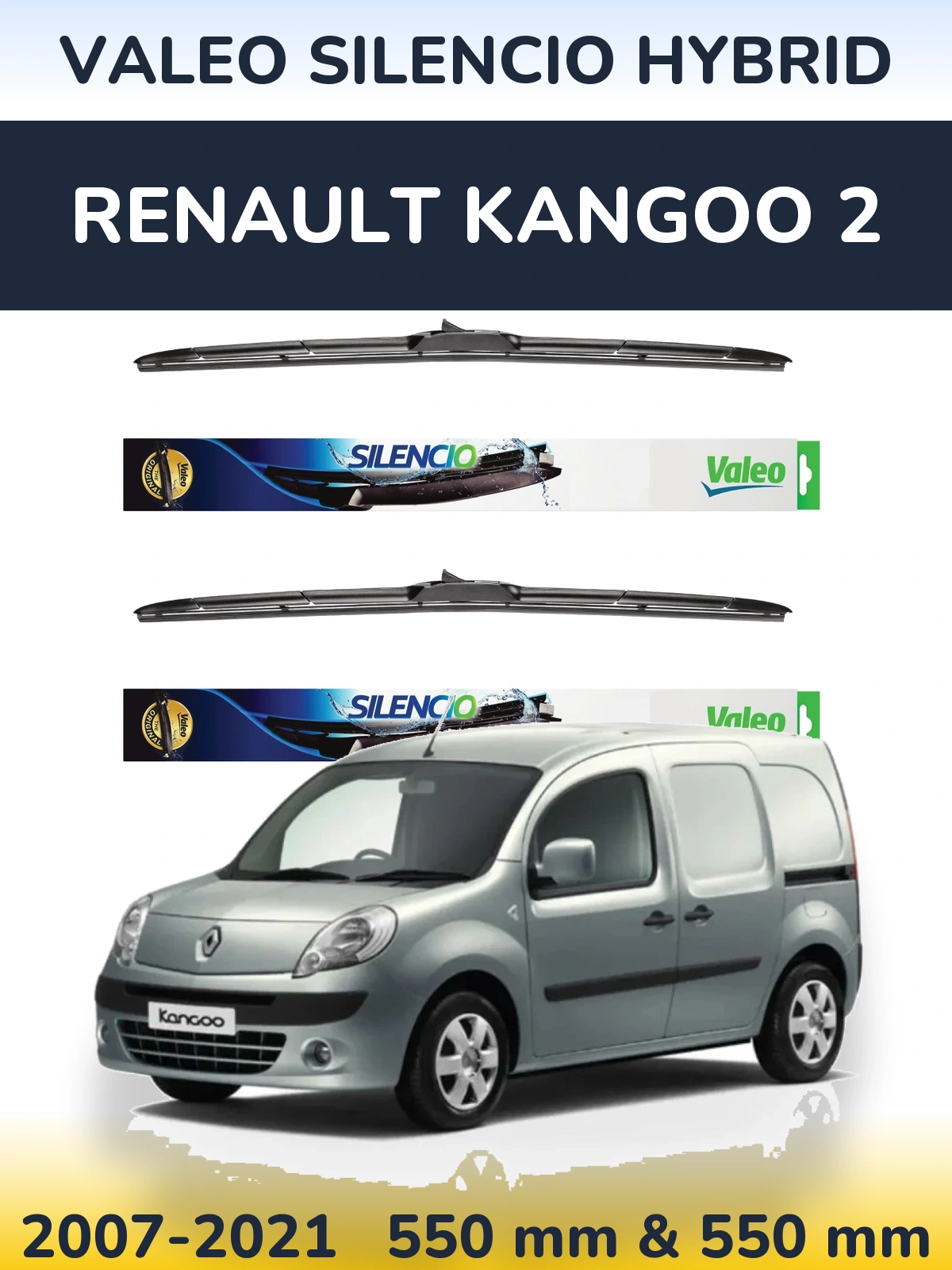 Sada předních stěračů Valeo Silencio Hybrid 550 a 550 mm pro Renault Kangoo 2 2007-2021