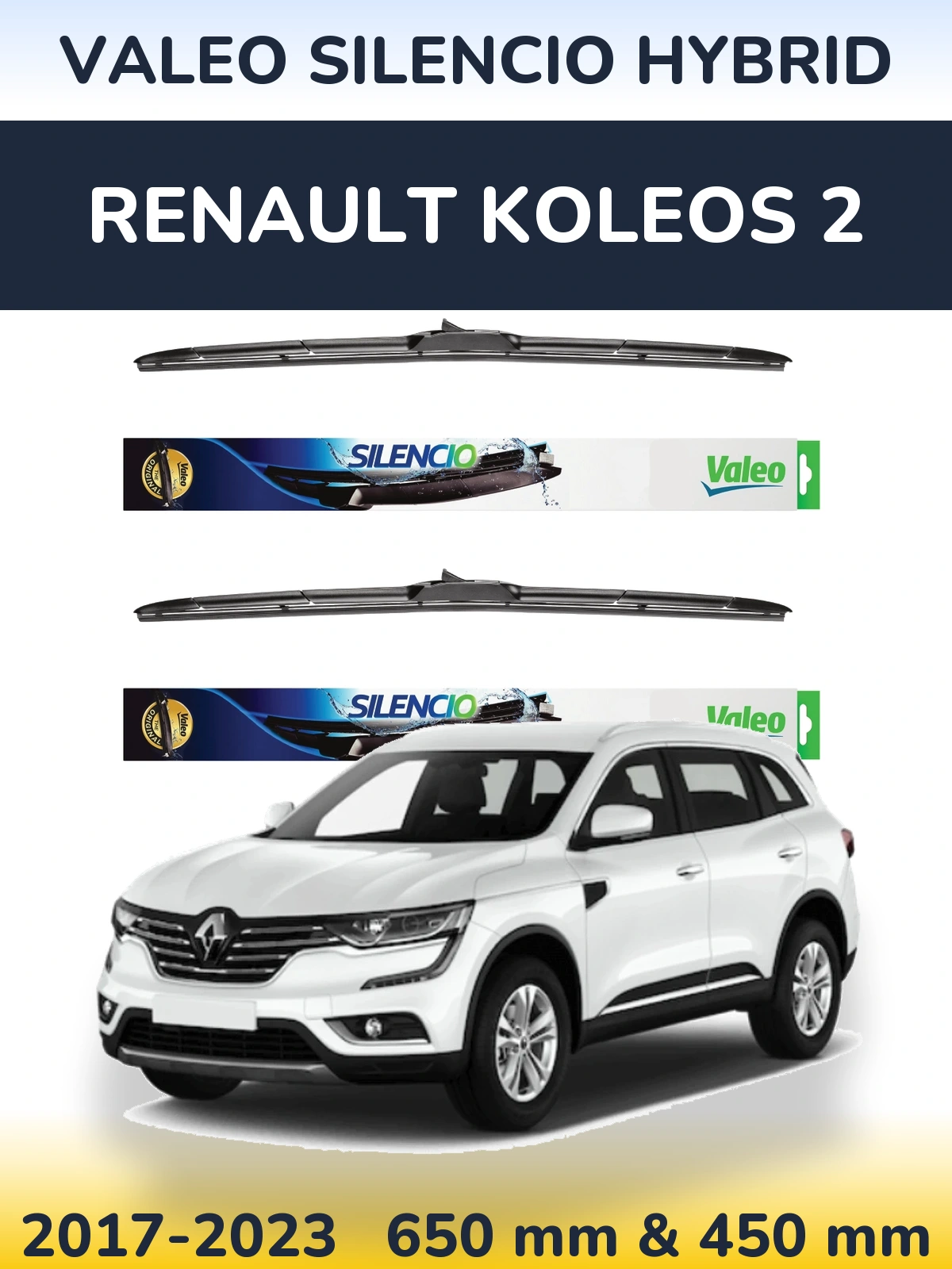 Sada předních stěračů Valeo Silencio Hybrid 650 a 450 mm pro Renault Koleos 2 2017-2023