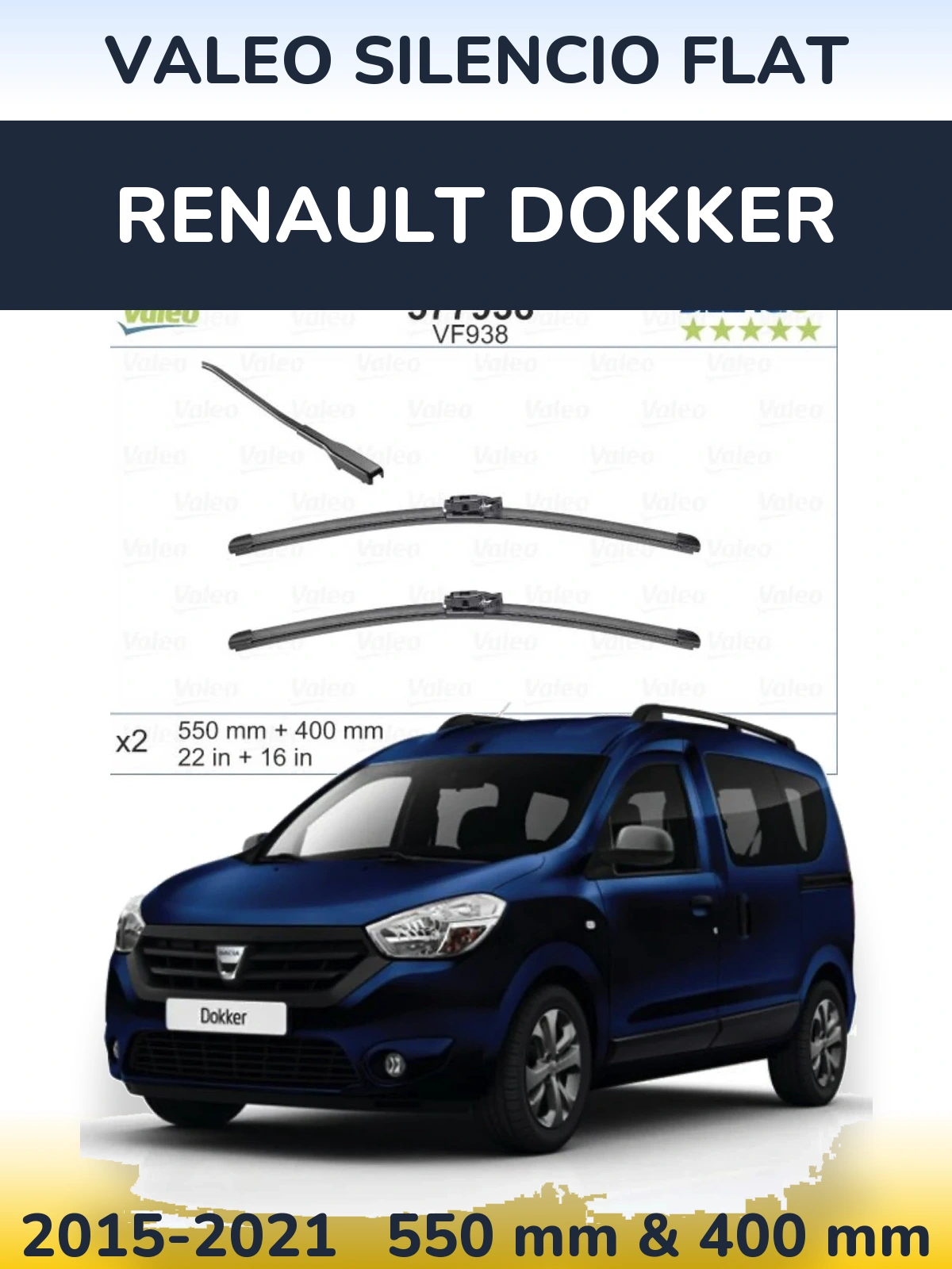 Sada předních stěračů Valeo Silencio Flat 550 a 400 mm pro Renault Dokker 2015-2021