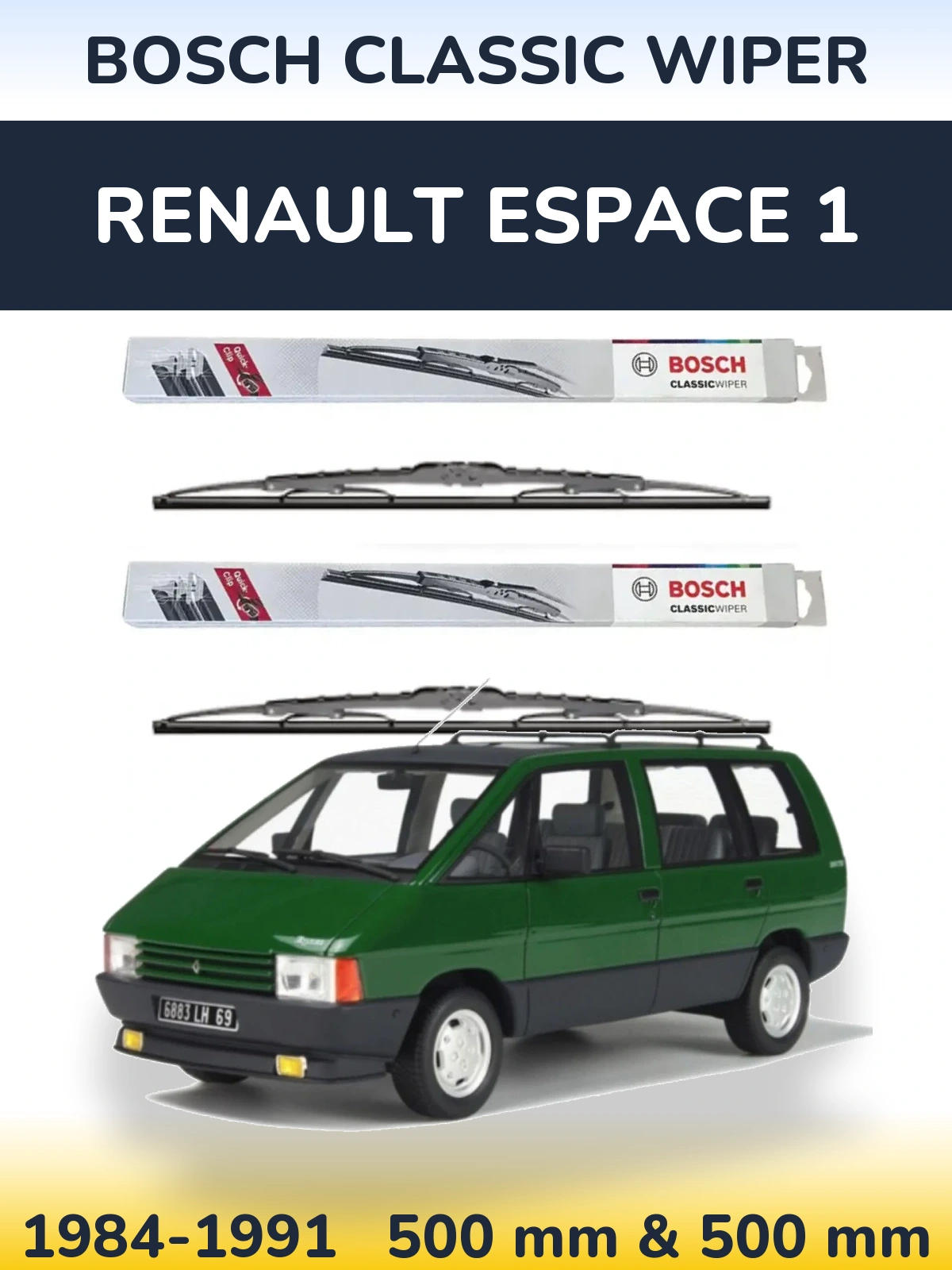 Sada předních stěračů BOSCH Classic Wiper 500 a 500 mm pro Renault Espace 1 1984-1991