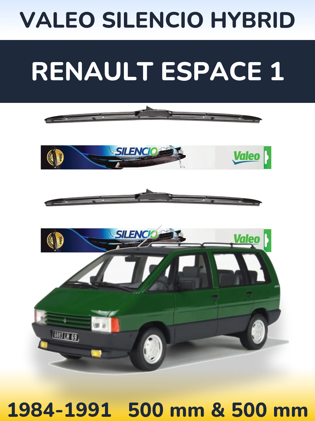 Sada předních stěračů Valeo Silencio Hybrid 500 a 500 mm pro Renault Espace 1 1984-1991