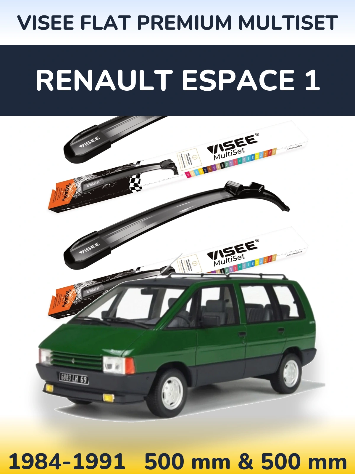Sada předních stěračů VISEE FLAT PREMIUM MultiSet 500 a 500 mm pro Renault Espace 1 1984-1991