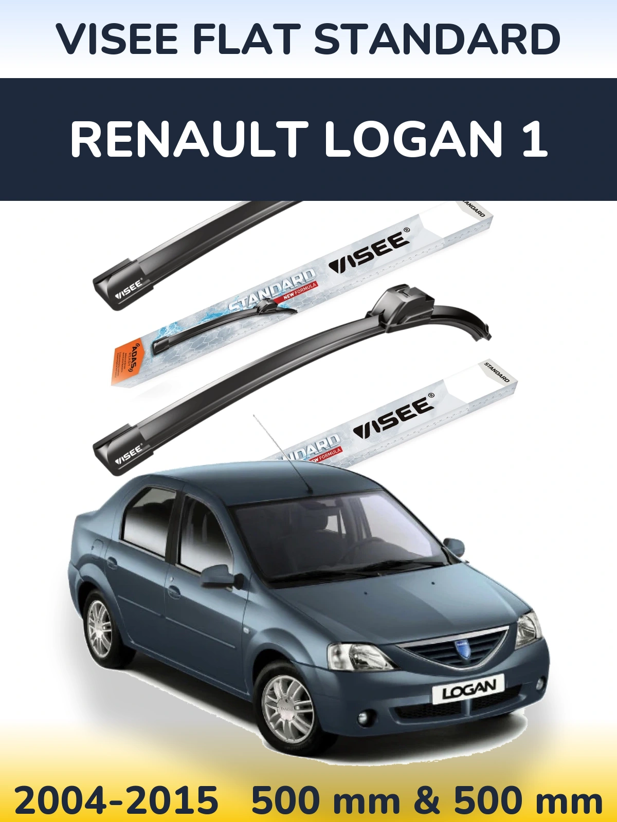 Sada předních stěračů VISEE FLAT STANDARD 500 a 500 mm pro Renault Logan 1 2004-2015