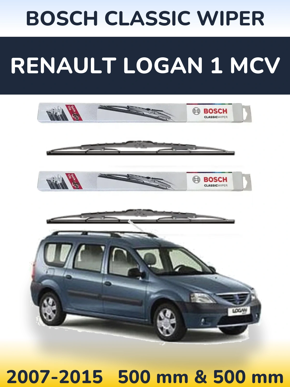 Sada předních stěračů BOSCH Classic Wiper 500 a 500 mm pro Renault Logan 1 MCV 2007-2015