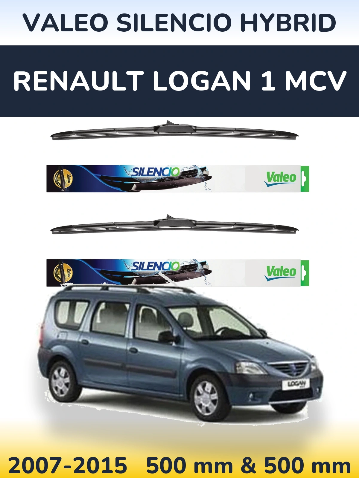 Sada předních stěračů Valeo Silencio Hybrid 500 a 500 mm pro Renault Logan 1 MCV 2007-2015
