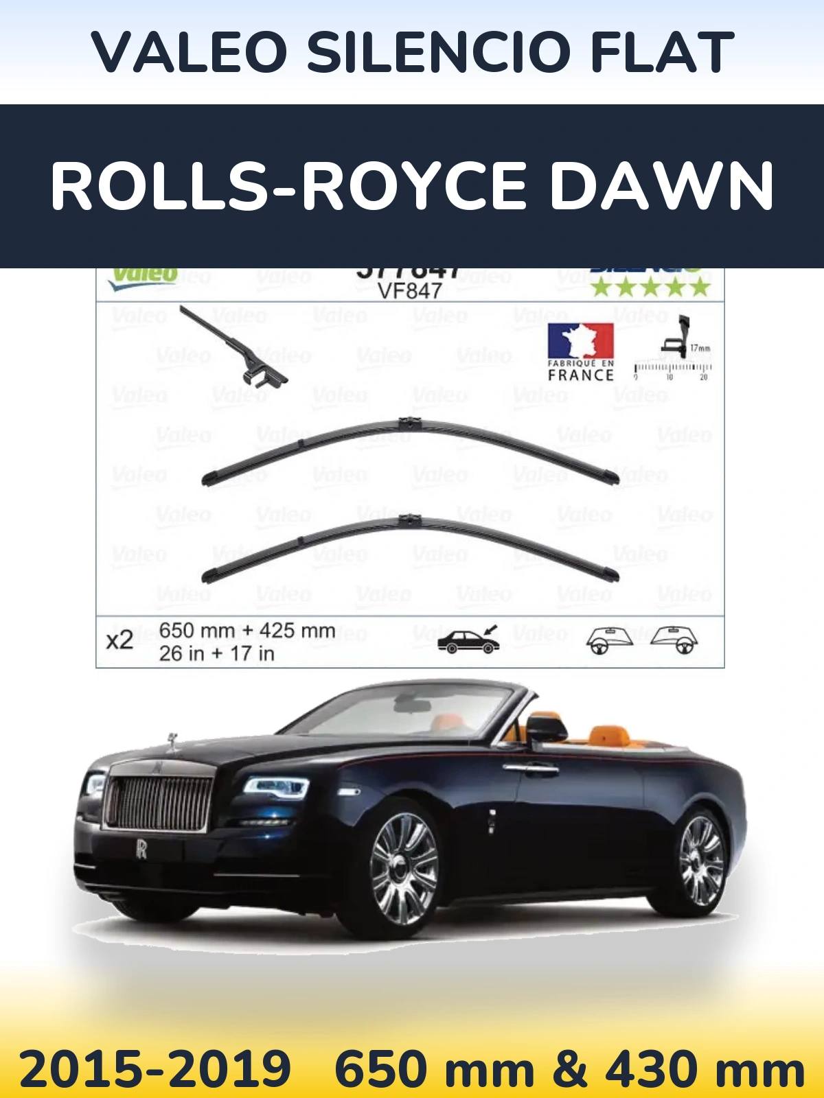 Sada předních stěračů Valeo Silencio Flat 650 a 430 mm pro Rolls-Royce Dawn 2015-2019