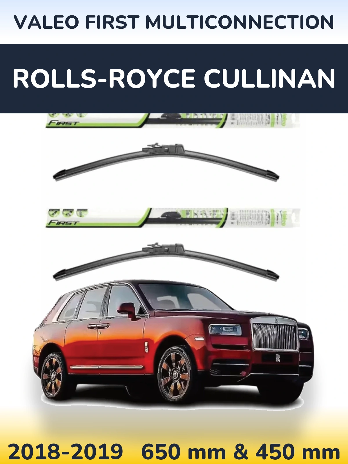 Sada předních stěračů Valeo First MultiConnection 650 a 450 mm pro Rolls-Royce Cullinan 2018-2019