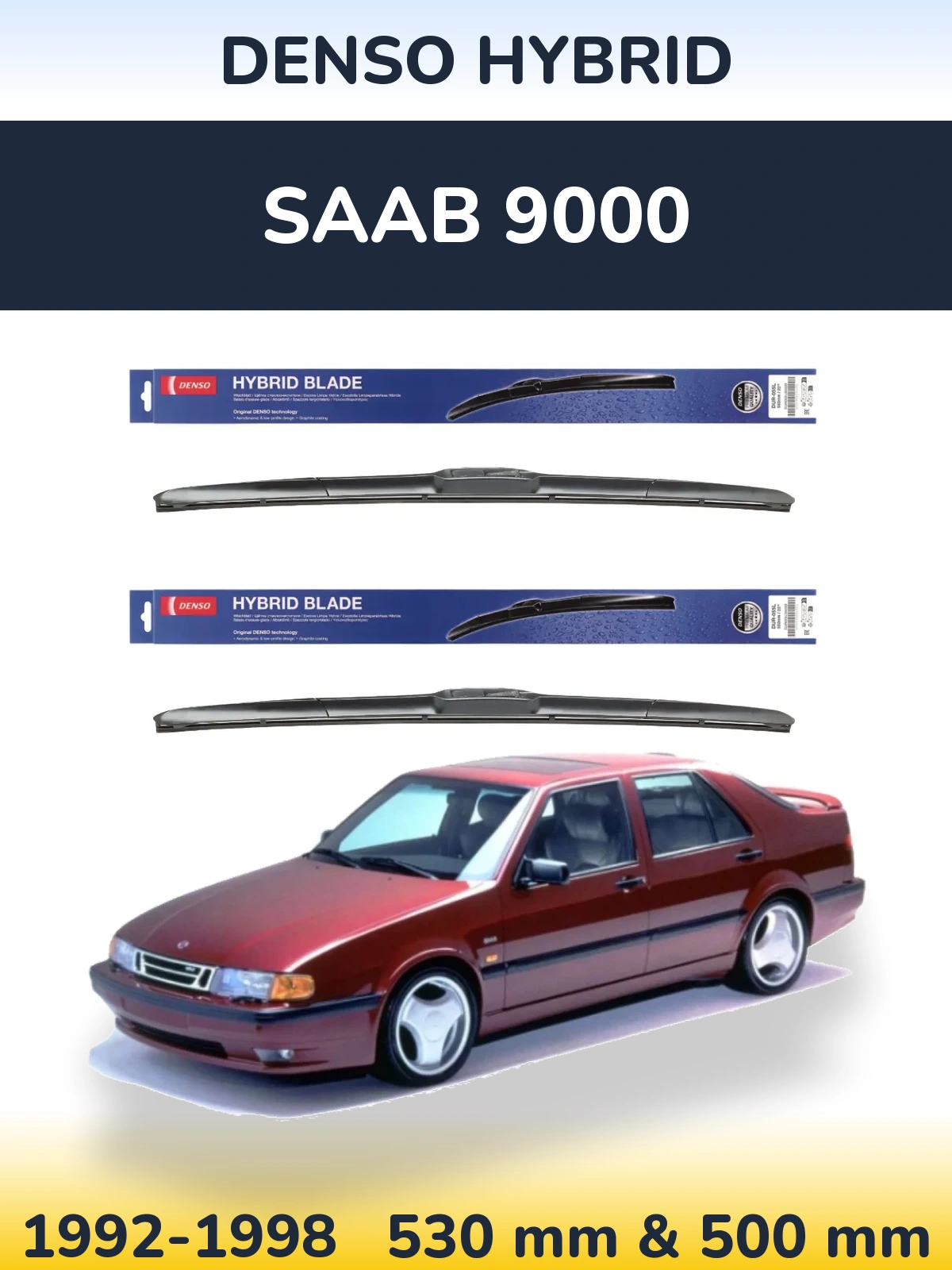Sada předních stěračů Denso Hybrid 530 a 500 mm pro SAAB 9000 1992-1998