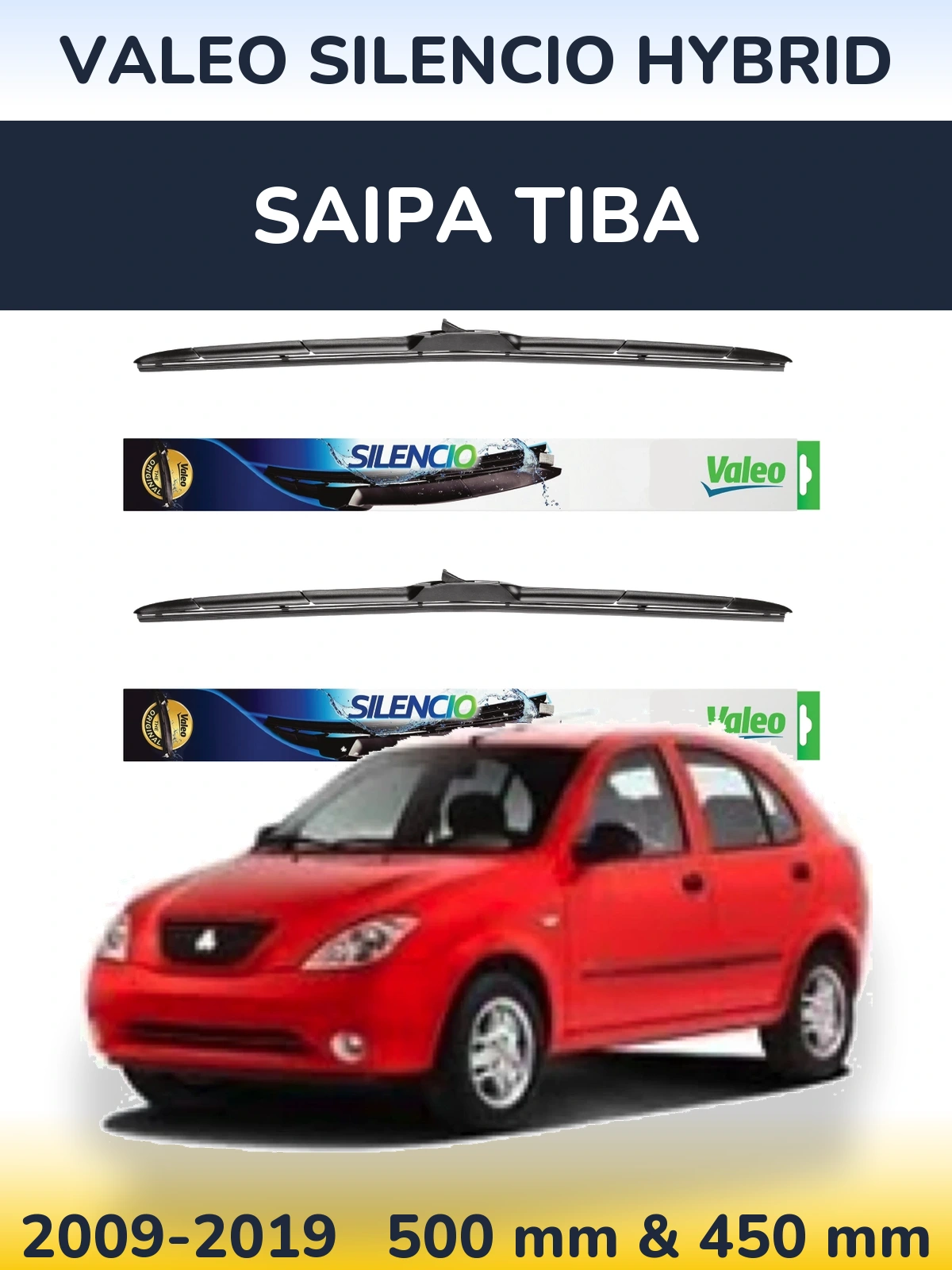 Sada předních stěračů Valeo Silencio Hybrid 500 a 450 mm pro Saipa Tiba 2009-2019