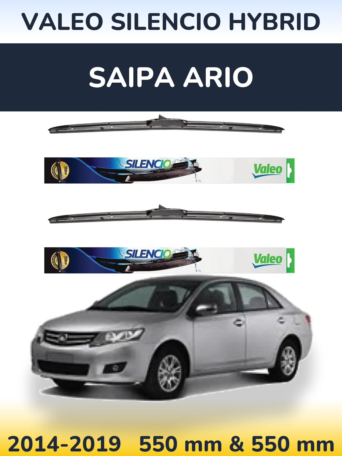 Sada předních stěračů Valeo Silencio Hybrid 550 a 550 mm pro Saipa Ario 2014-2019