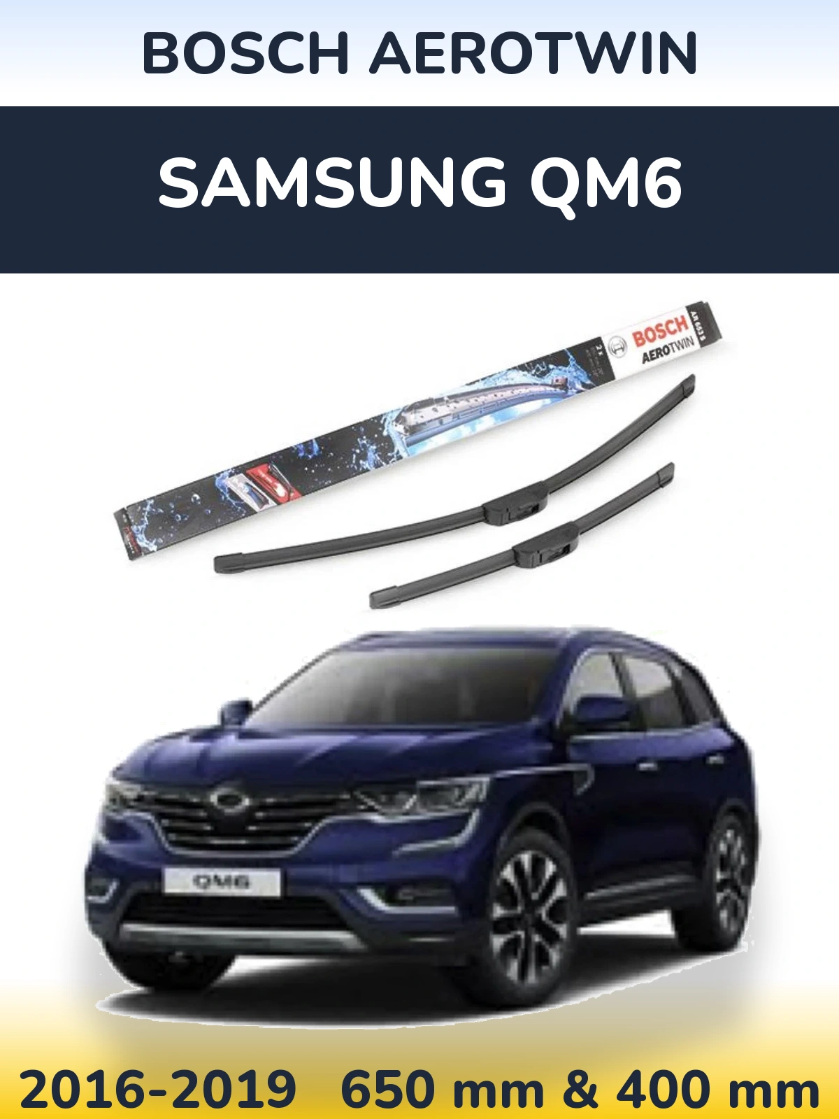 Sada předních stěračů BOSCH AeroTwin 650 a 400 mm pro Samsung QM6 2016-2019
