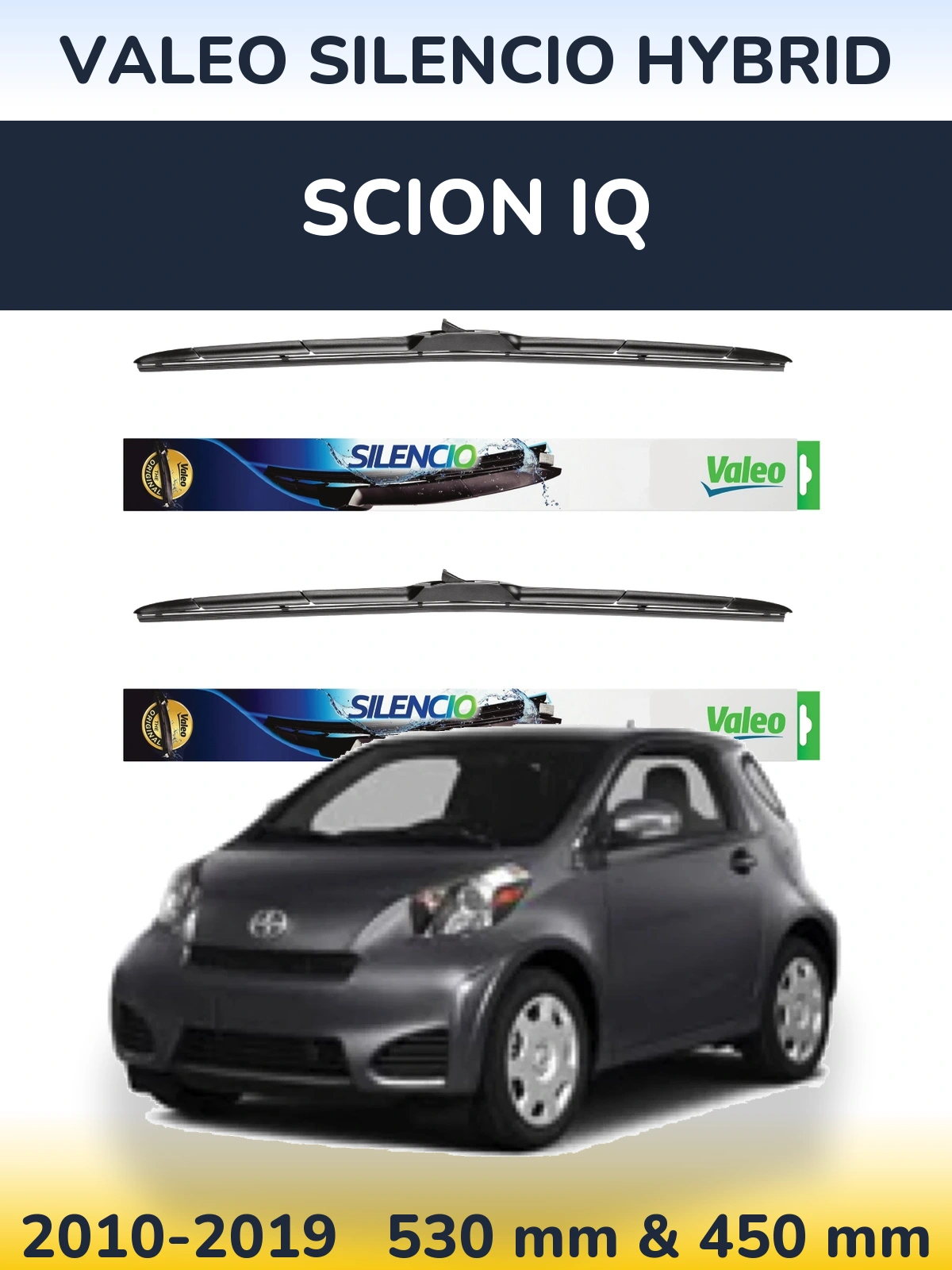 Sada předních stěračů Valeo Silencio Hybrid 530 a 450 mm pro Scion iQ 2010-2019