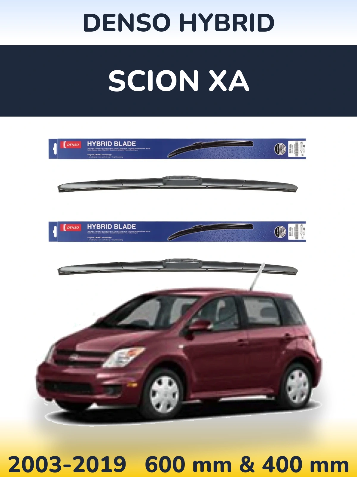 Sada předních stěračů Denso Hybrid 600 a 400 mm pro Scion xA 2003-2019