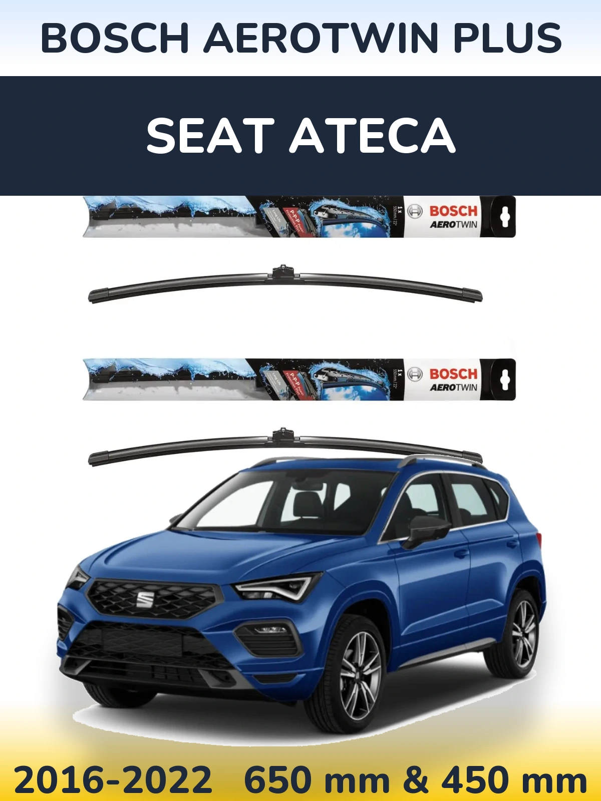 Sada předních stěračů BOSCH AeroTwin Plus 650 a 450 mm pro SEAT Ateca 2016-2022