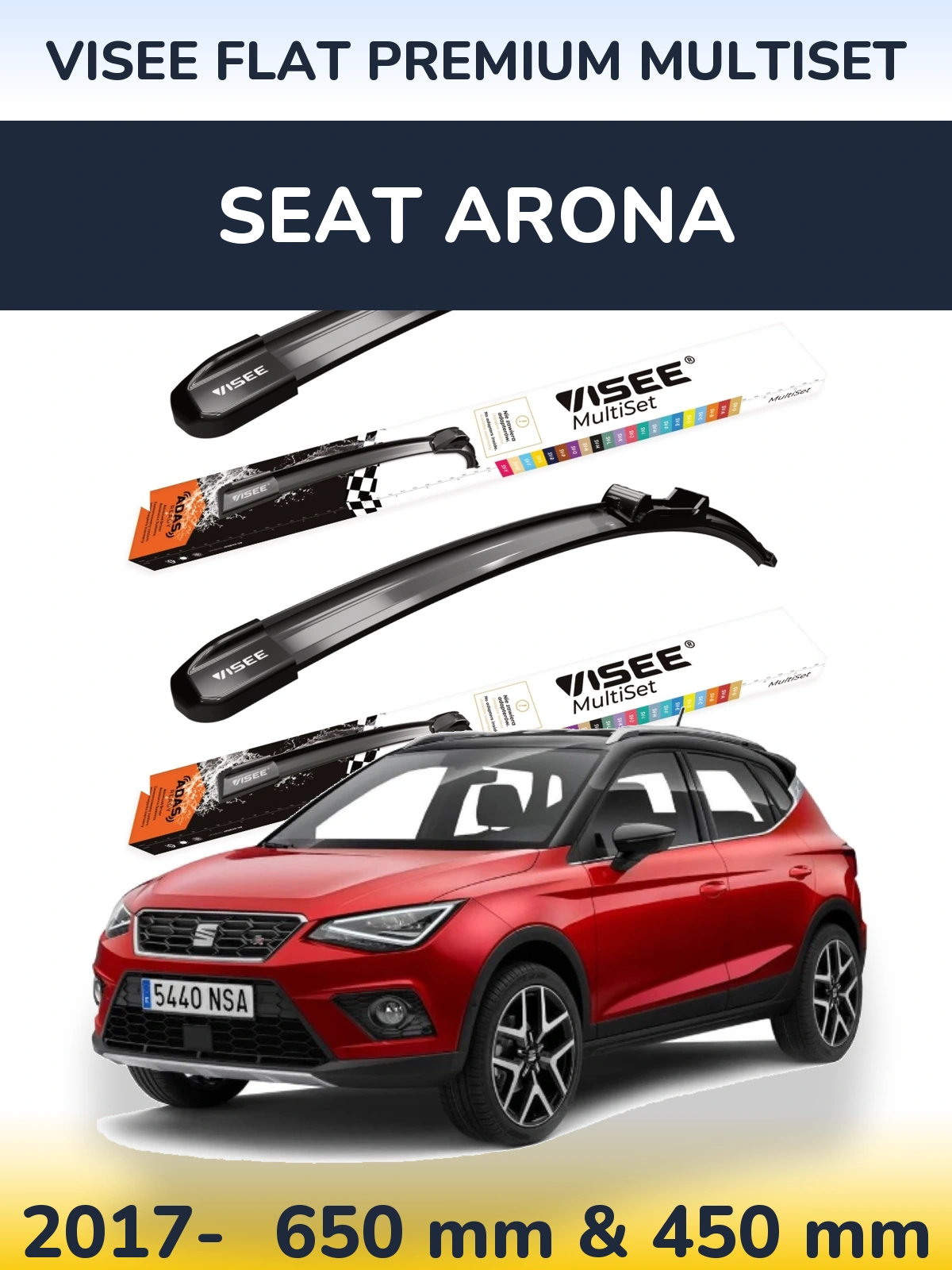 Sada předních stěračů VISEE FLAT PREMIUM MultiSet 650 a 450 mm pro SEAT Arona 2017-2026