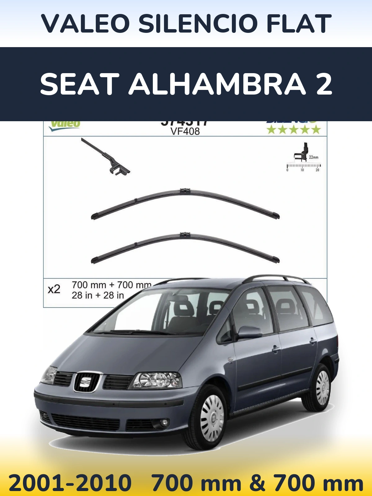 Sada předních stěračů Valeo Silencio Flat 700 a 700 mm pro SEAT Alhambra 2 2001-2010