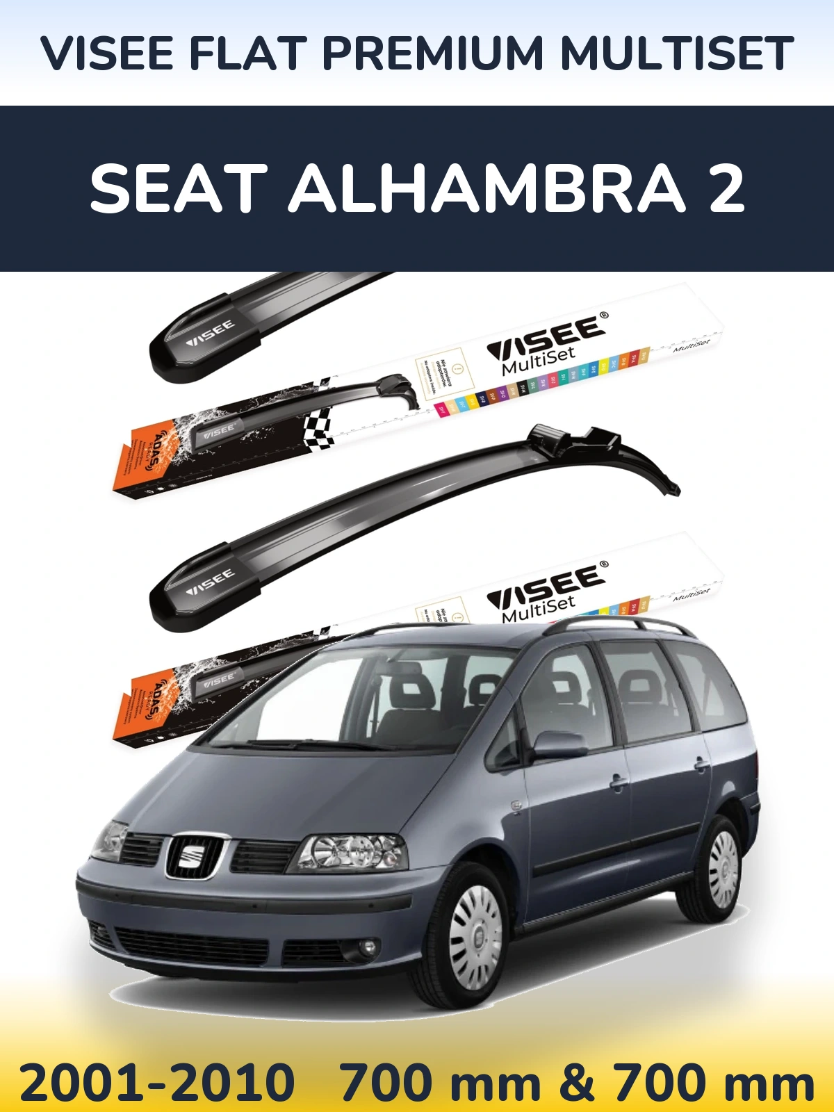 Sada předních stěračů VISEE FLAT PREMIUM MultiSet 700 a 700 mm pro SEAT Alhambra 2 2001-2010