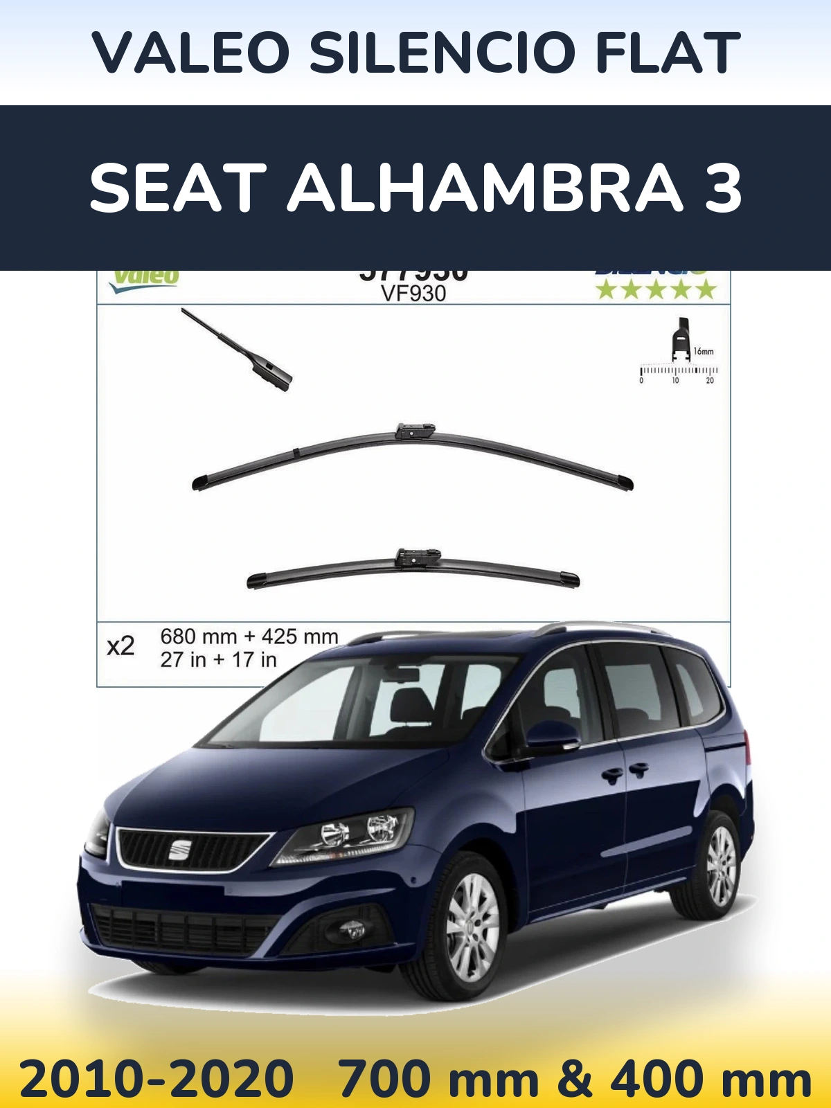 Комплект передніх щіток Valeo Silencio Flat 680 & 400 мм для SEAT Alhambra 3 2010-2020