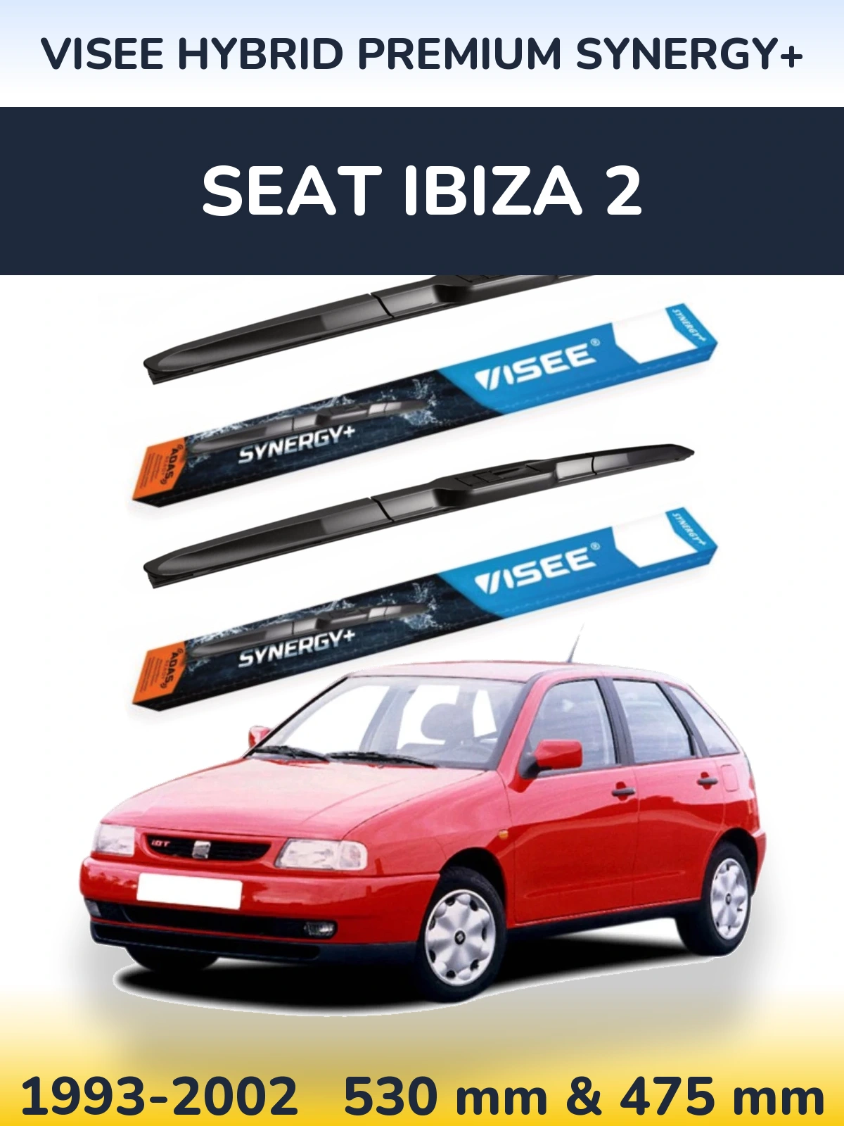 Sada předních stěračů VISEE HYBRID PREMIUM SYNERGY+ 530 a 475 mm pro SEAT Ibiza 2 1993-2002