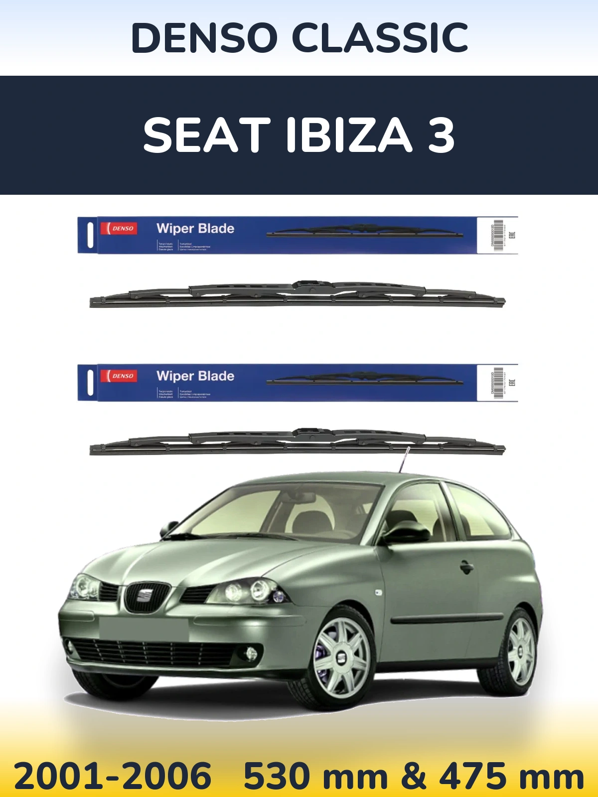 Sada předních stěračů Denso Classic 530 a 475 mm pro SEAT Ibiza 3 2001-2006