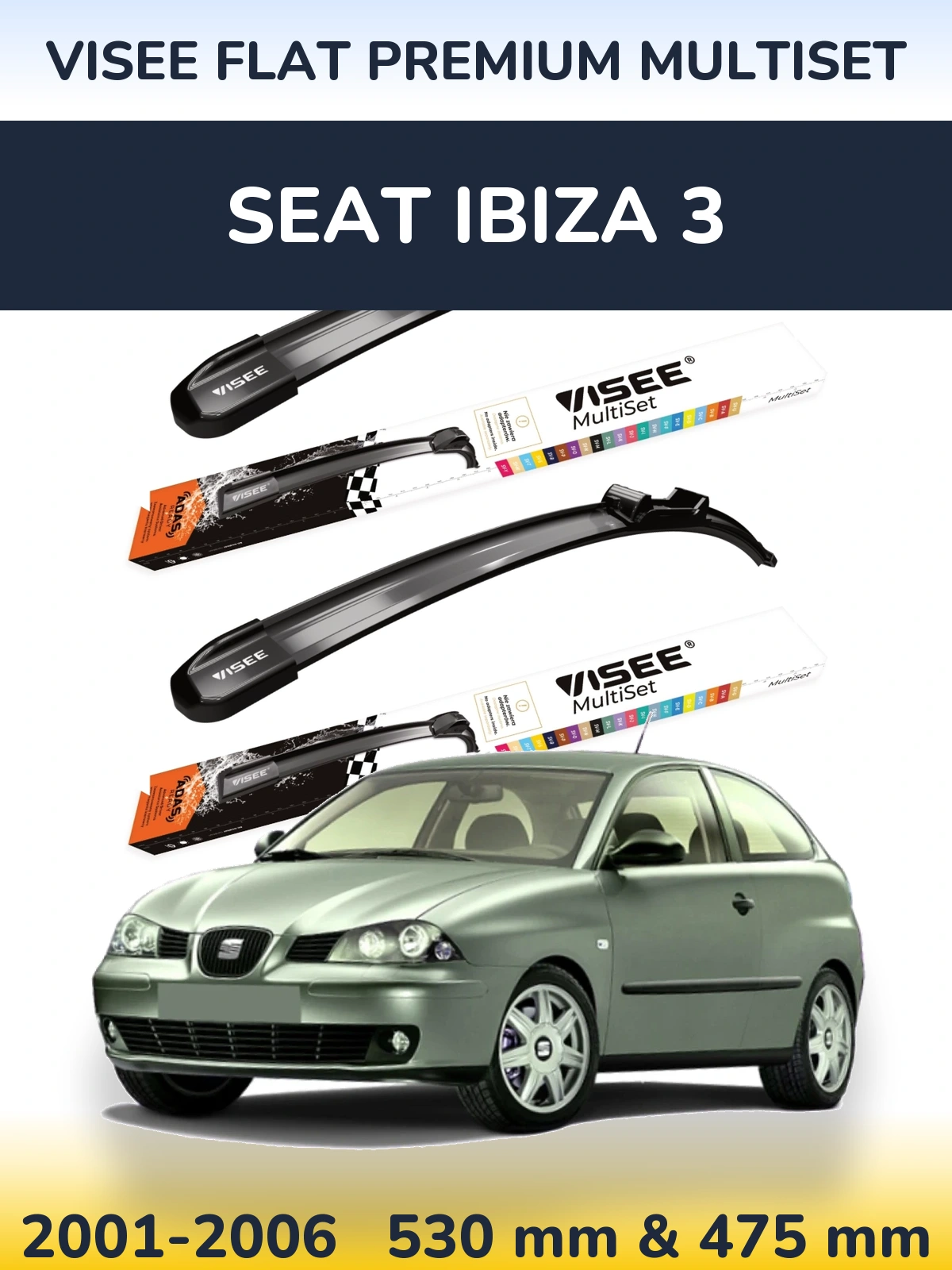 Sada předních stěračů VISEE FLAT PREMIUM MultiSet 530 a 475 mm pro SEAT Ibiza 3 2001-2006