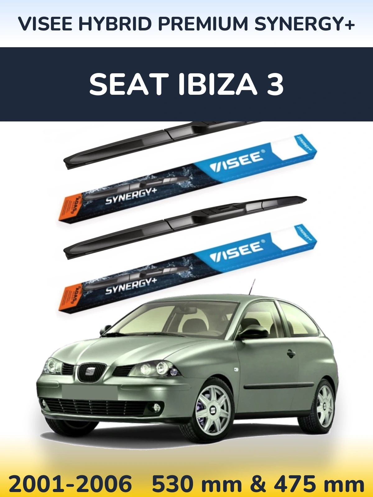 Sada předních stěračů VISEE HYBRID PREMIUM SYNERGY+ 530 a 475 mm pro SEAT Ibiza 3 2001-2006