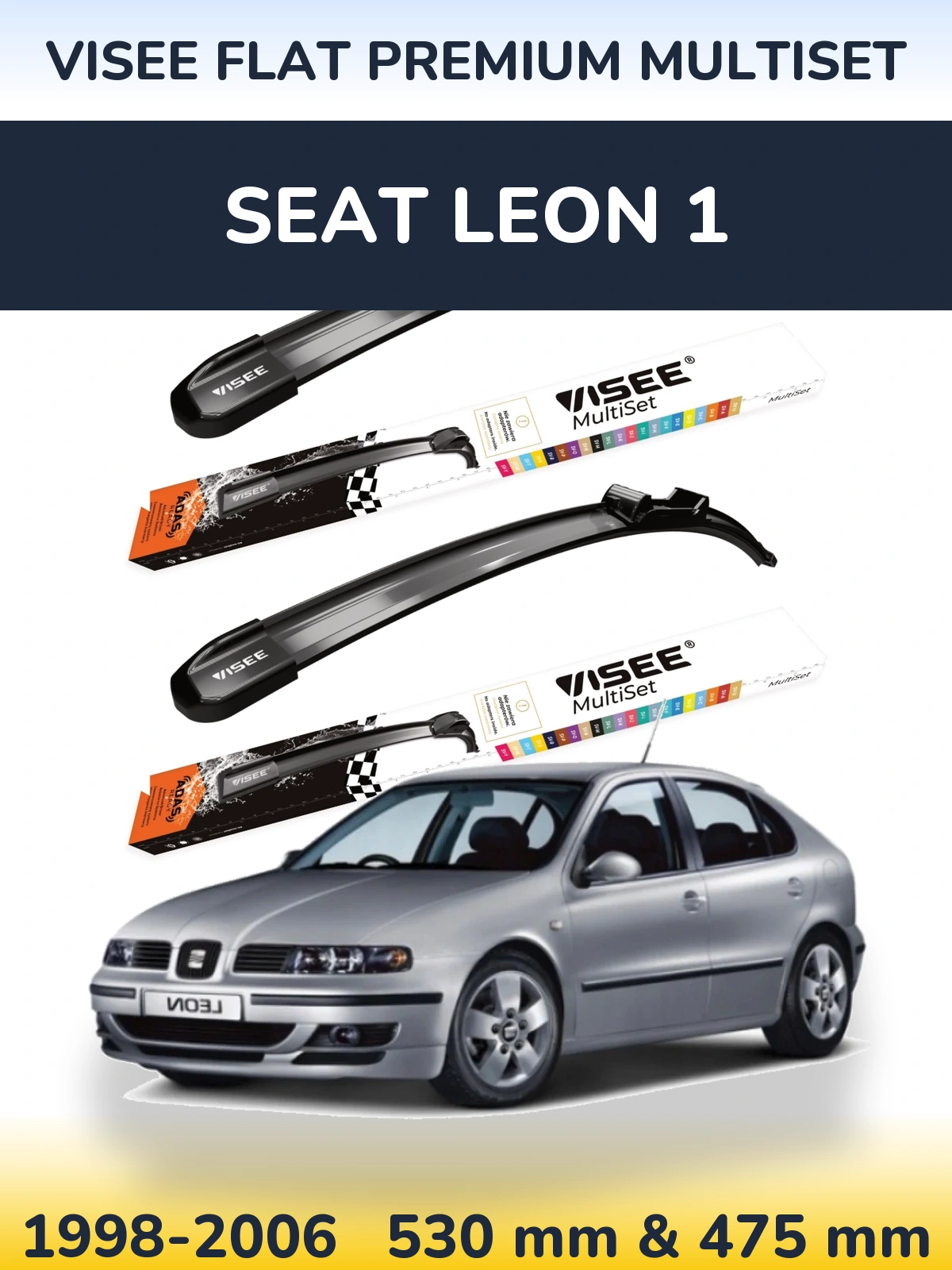 Sada předních stěračů VISEE FLAT PREMIUM MultiSet 530 a 475 mm pro SEAT Leon 1 1998-2006