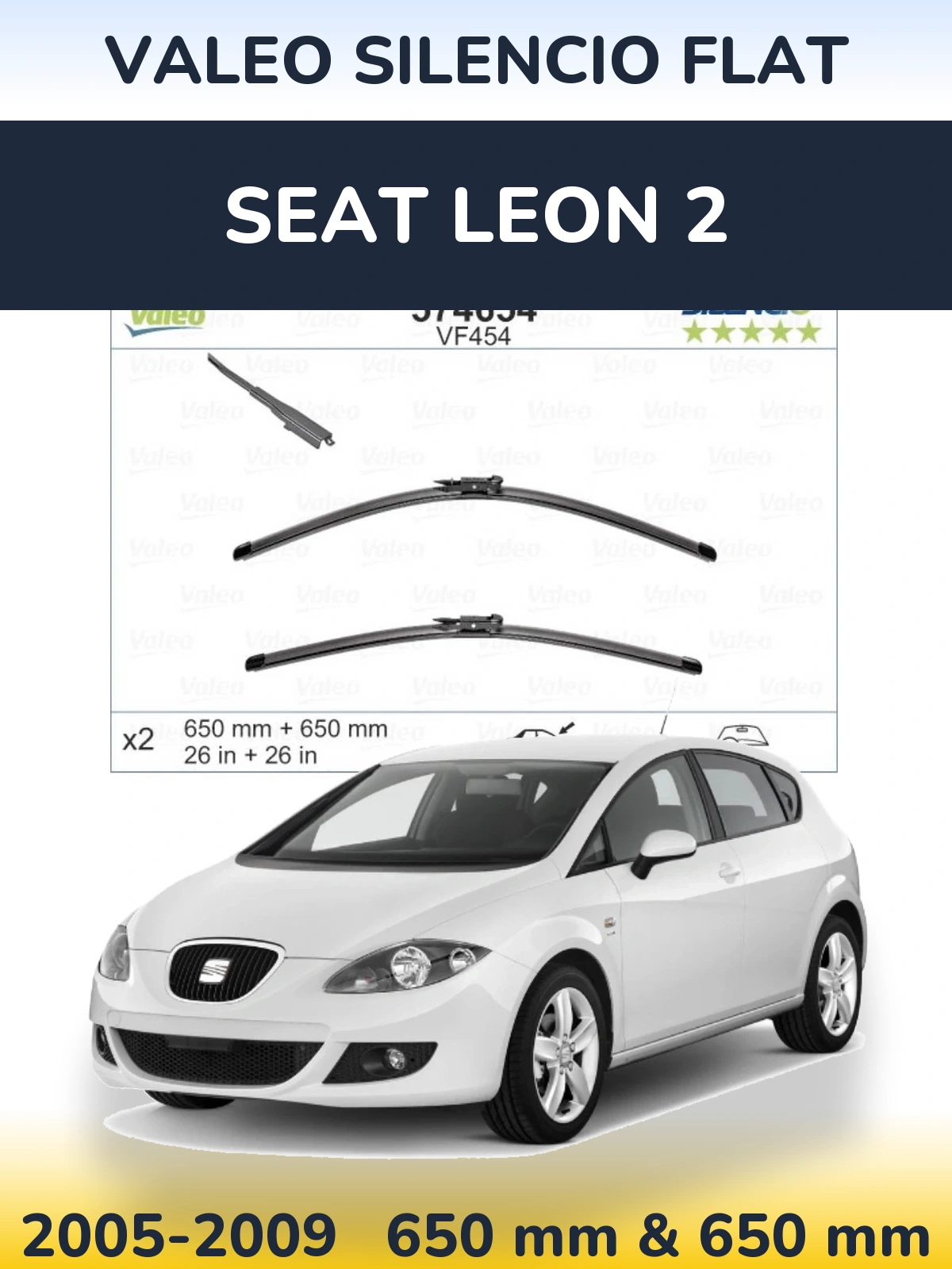 Sada předních stěračů Valeo Silencio Flat 650 a 650 mm pro SEAT Leon 2 2005-2009