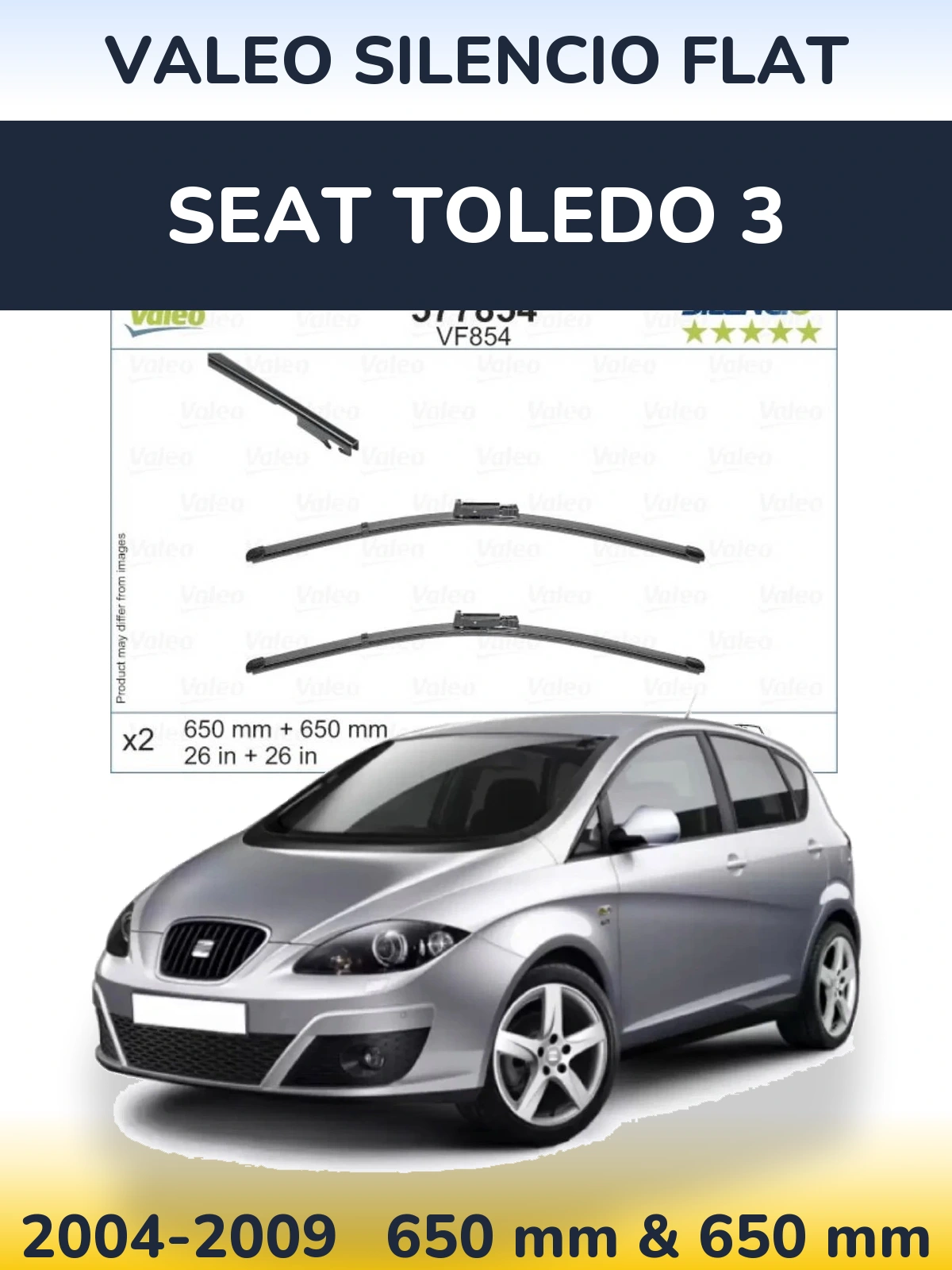 Sada předních stěračů Valeo Silencio Flat 650 a 650 mm pro SEAT Toledo 3 2004-2009