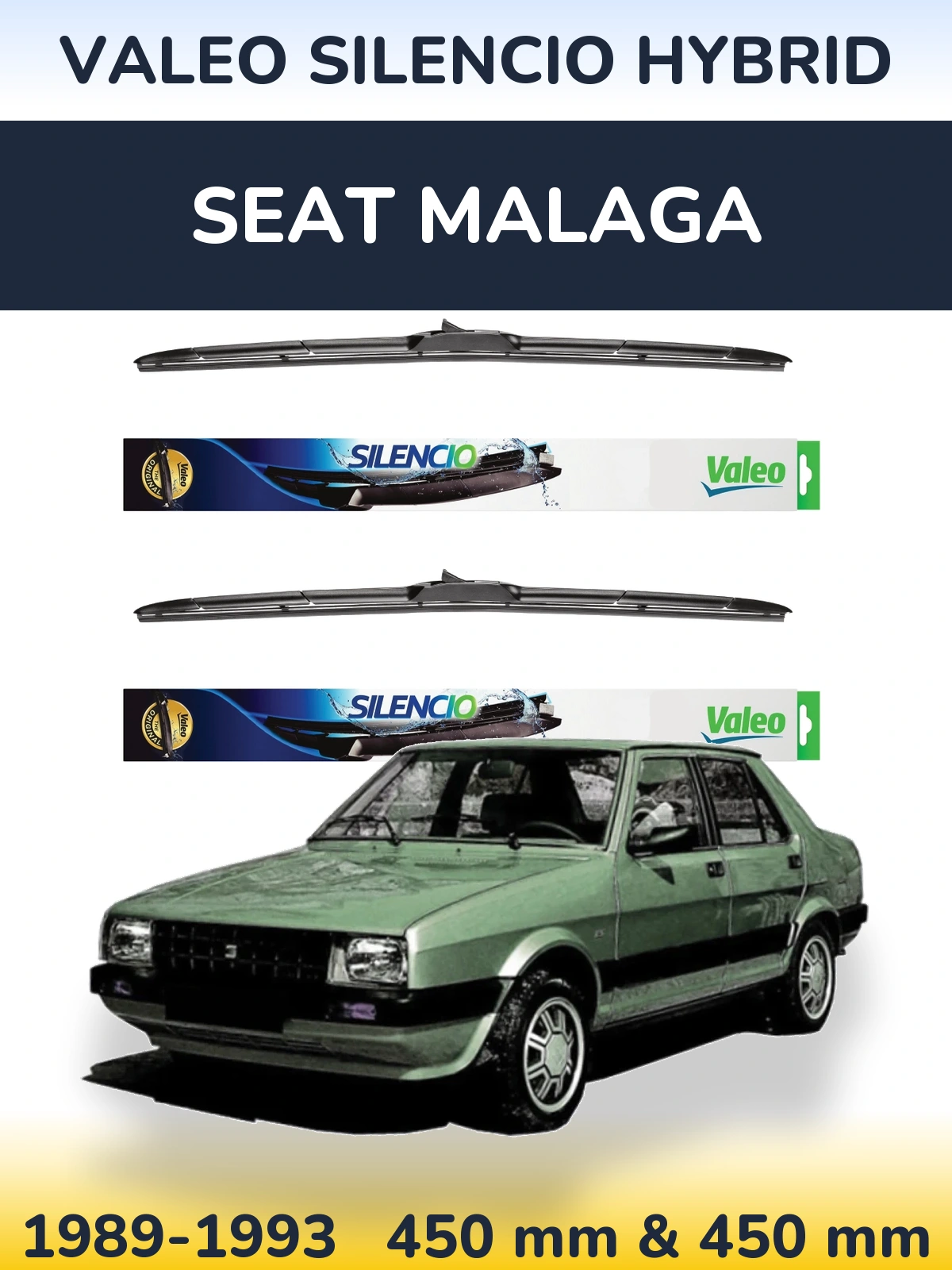 Sada předních stěračů Valeo Silencio Hybrid 450 a 450 mm pro SEAT Malaga 1989-1993