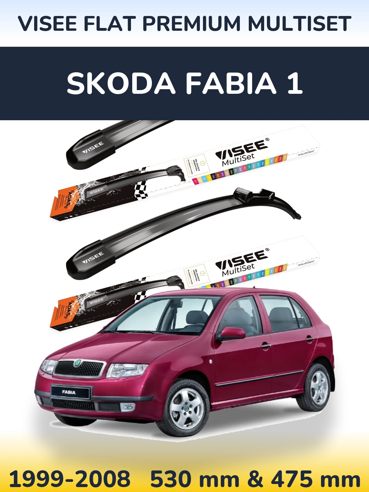 Sada předních stěračů VISEE FLAT PREMIUM MultiSet 530 a 475 mm pro Skoda Fabia 1 1999-2008