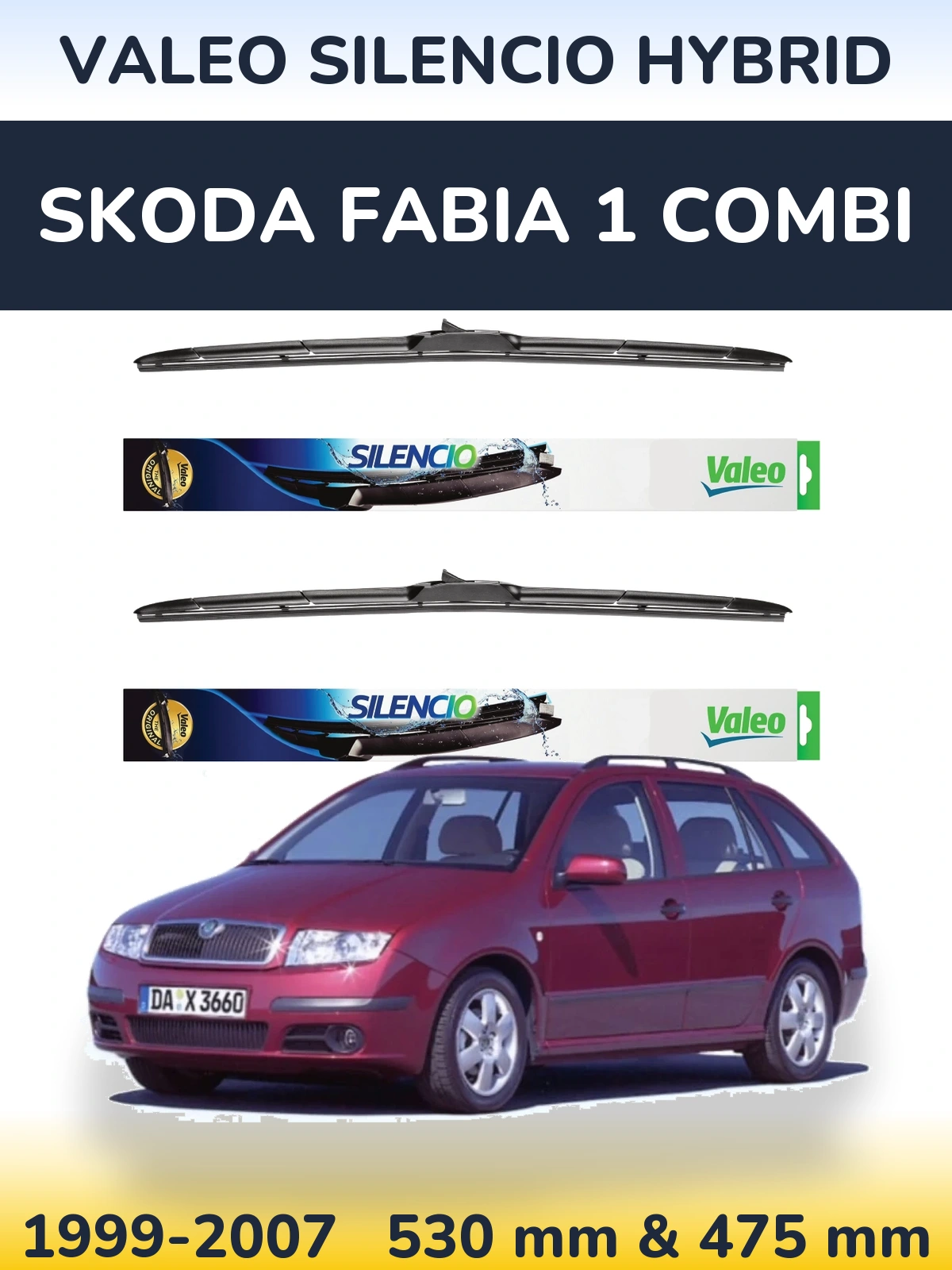 Sada předních stěračů Valeo Silencio Hybrid 530 a 475 mm pro Skoda Fabia 1 Combi 1999-2007