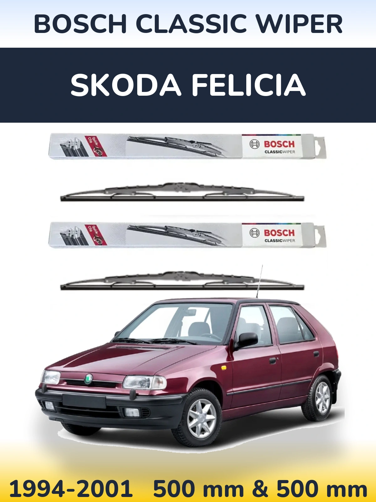 Sada předních stěračů BOSCH Classic Wiper 500 a 500 mm pro Skoda Felicia 1994-2001