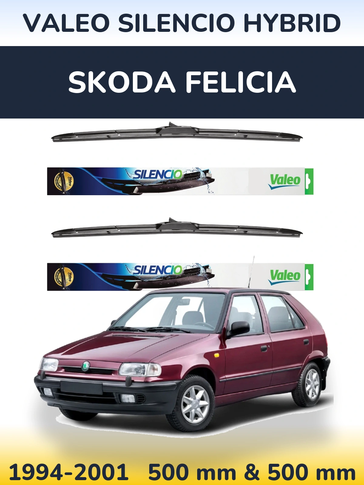 Sada předních stěračů Valeo Silencio Hybrid 500 a 500 mm pro Skoda Felicia 1994-2001