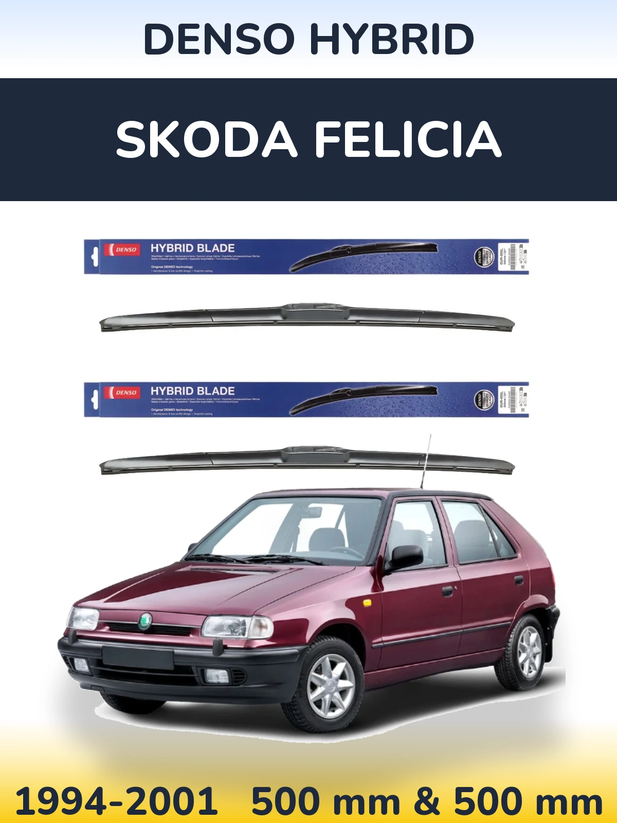 Sada předních stěračů Denso Hybrid 500 a 500 mm pro Skoda Felicia 1994-2001