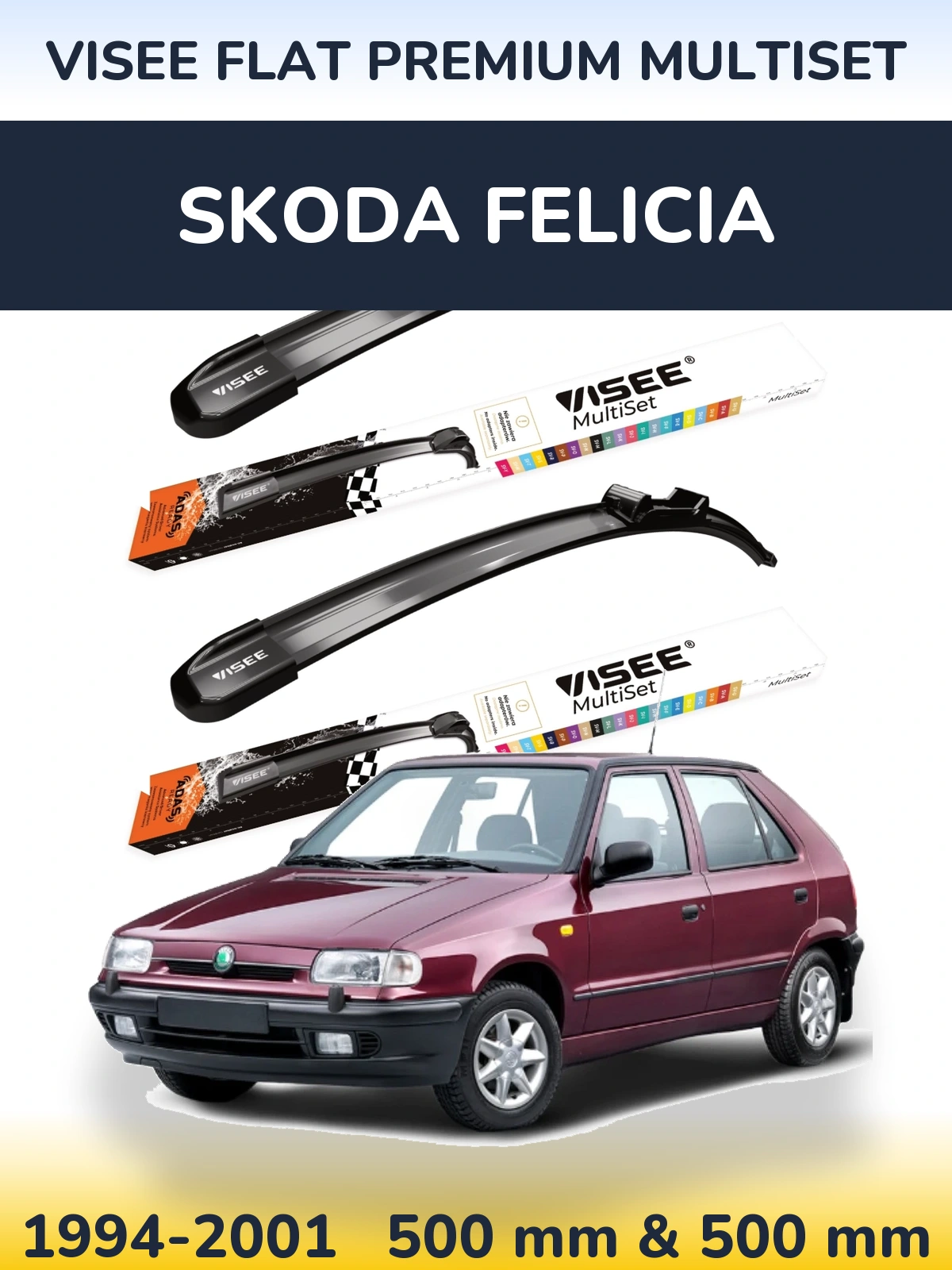 Sada předních stěračů VISEE FLAT PREMIUM MultiSet 500 a 500 mm pro Skoda Felicia 1994-2001