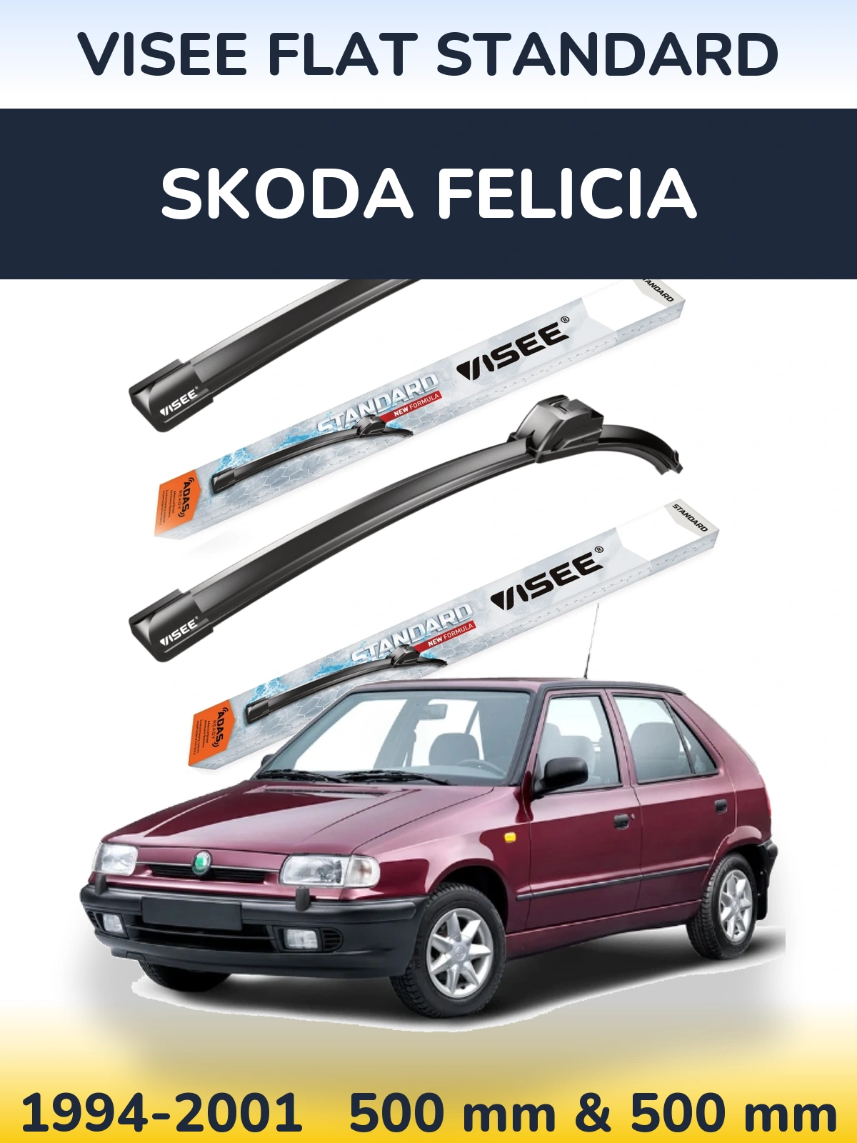 Sada předních stěračů VISEE FLAT STANDARD 500 a 500 mm pro Skoda Felicia 1994-2001