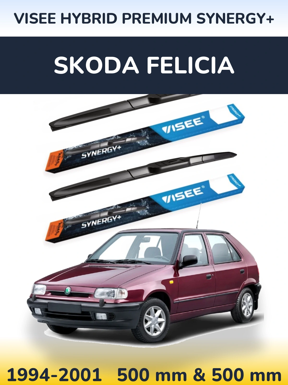 Sada předních stěračů VISEE HYBRID PREMIUM SYNERGY+ 500 a 500 mm pro Skoda Felicia 1994-2001