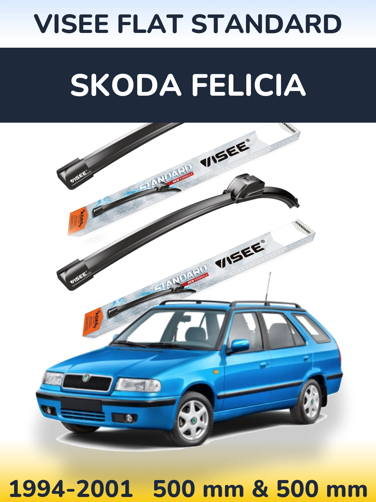 Sada předních stěračů VISEE FLAT STANDARD 500 a 500 mm pro Skoda Felicia 1994-2001
