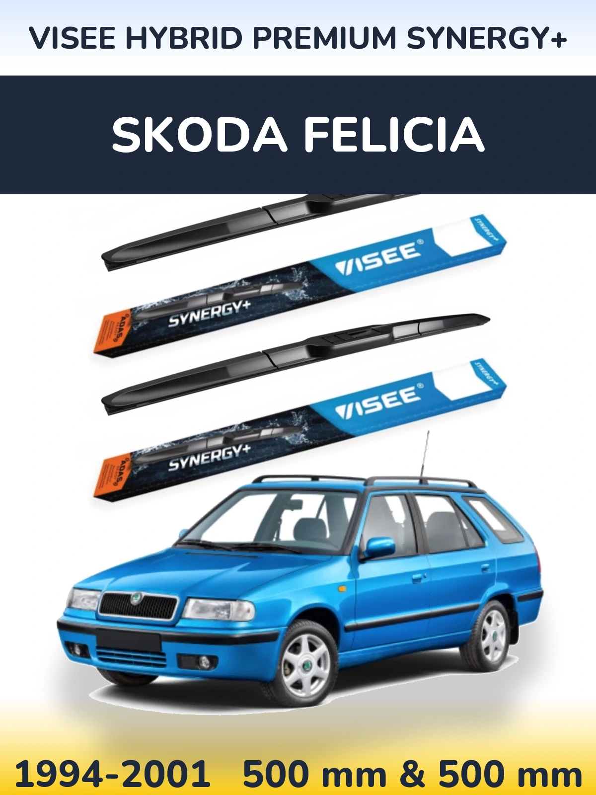 Sada předních stěračů VISEE HYBRID PREMIUM SYNERGY+ 500 a 500 mm pro Skoda Felicia 1994-2001