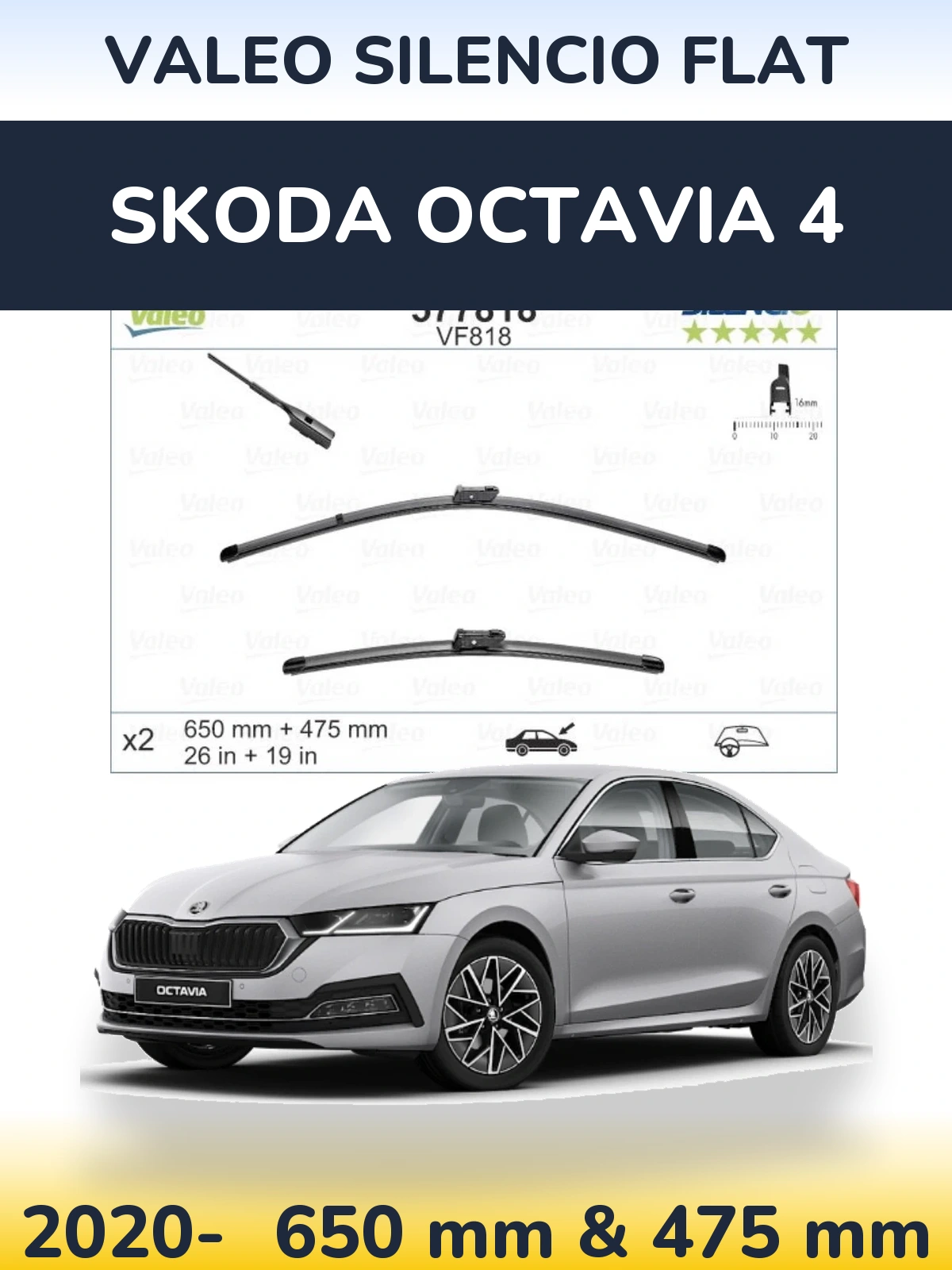 Sada předních stěračů Valeo Silencio Flat 650 a 475 mm pro Skoda Octavia 4 2020-2026