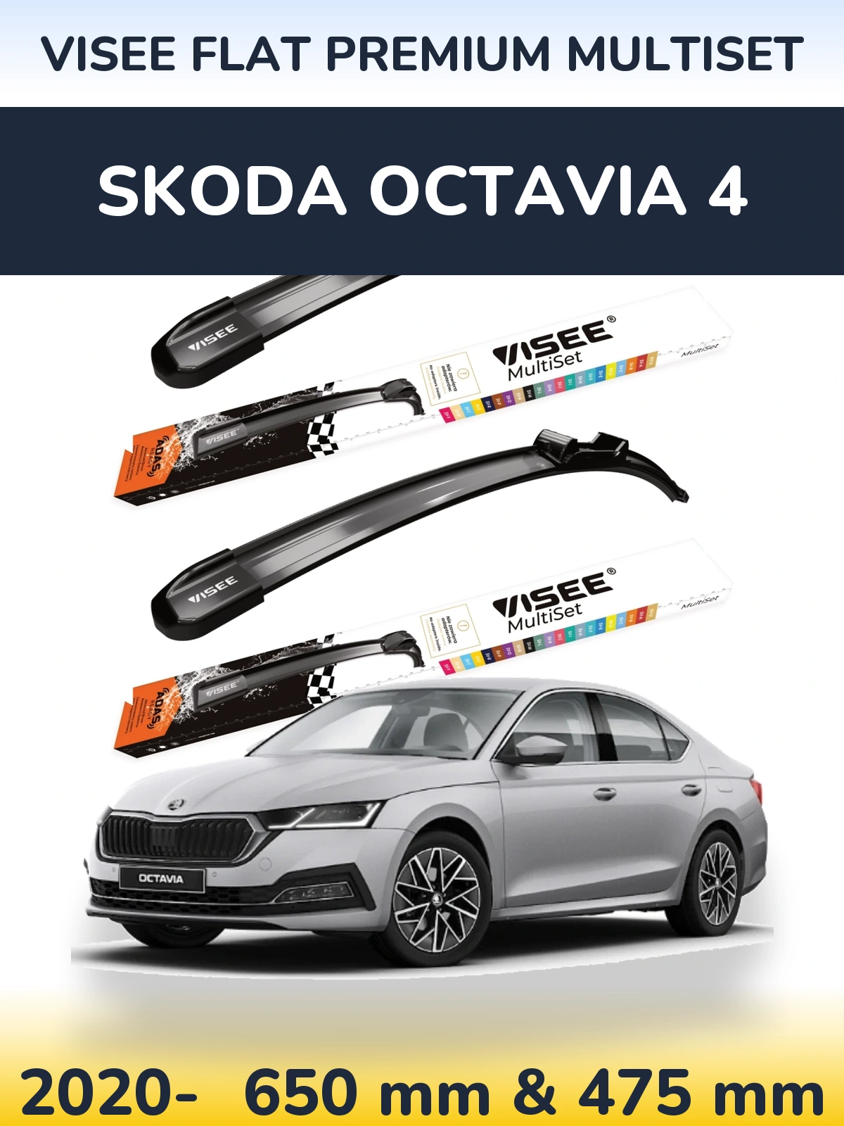 Sada předních stěračů VISEE FLAT PREMIUM MultiSet 650 a 475 mm pro Skoda Octavia 4 2020-2026