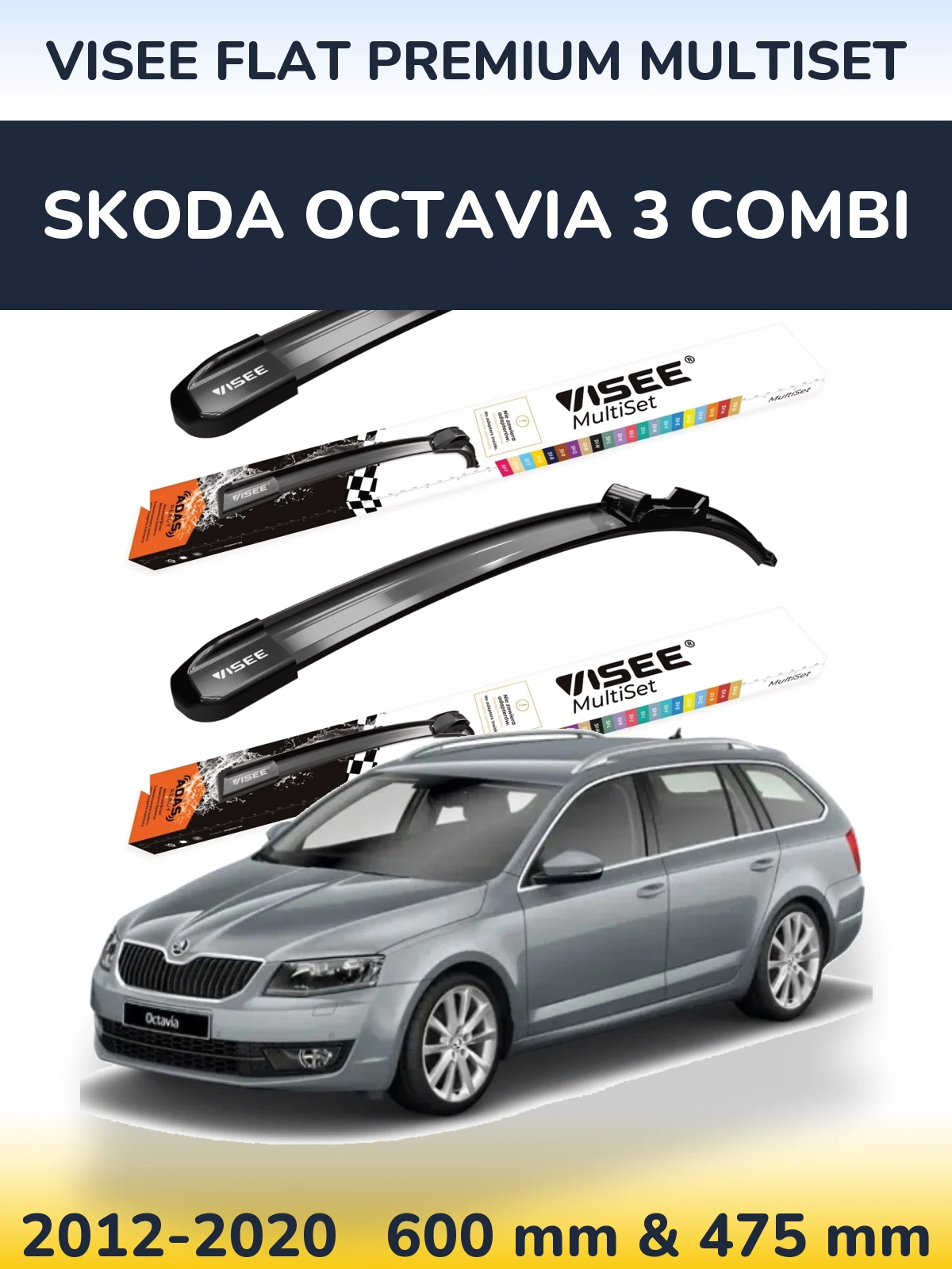 Sada předních stěračů VISEE FLAT PREMIUM MultiSet 600 a 475 mm pro Skoda Octavia 3 Combi 2012-2020