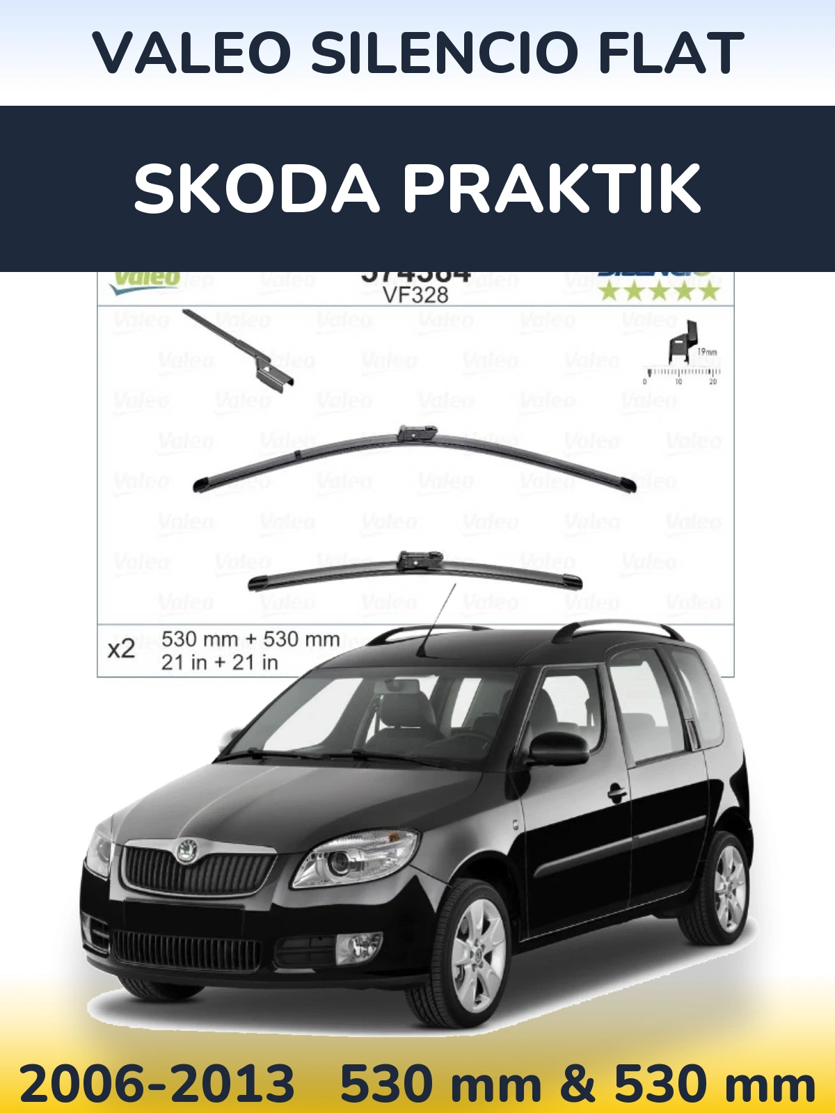 Sada předních stěračů Valeo Silencio Flat 530 a 520 mm pro Skoda Praktik 2006-2013