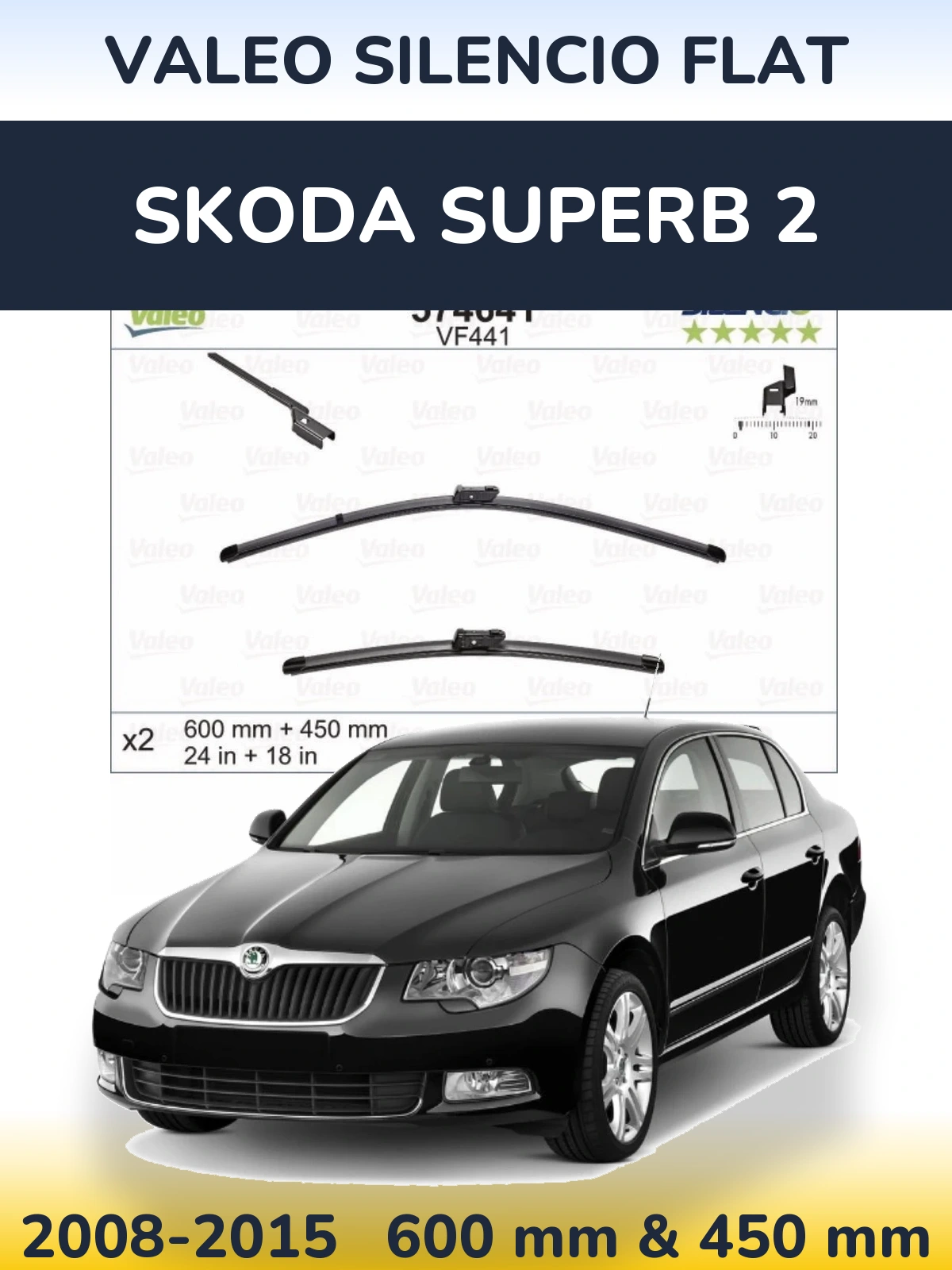 Sada předních stěračů Valeo Silencio Flat 600 a 450 mm pro Skoda Superb 2 2008-2015