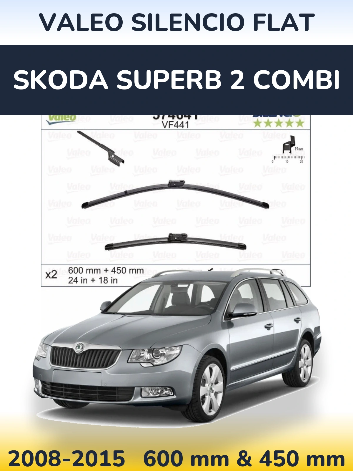 Sada předních stěračů Valeo Silencio Flat 600 a 450 mm pro Skoda Superb 2 Combi 2008-2015