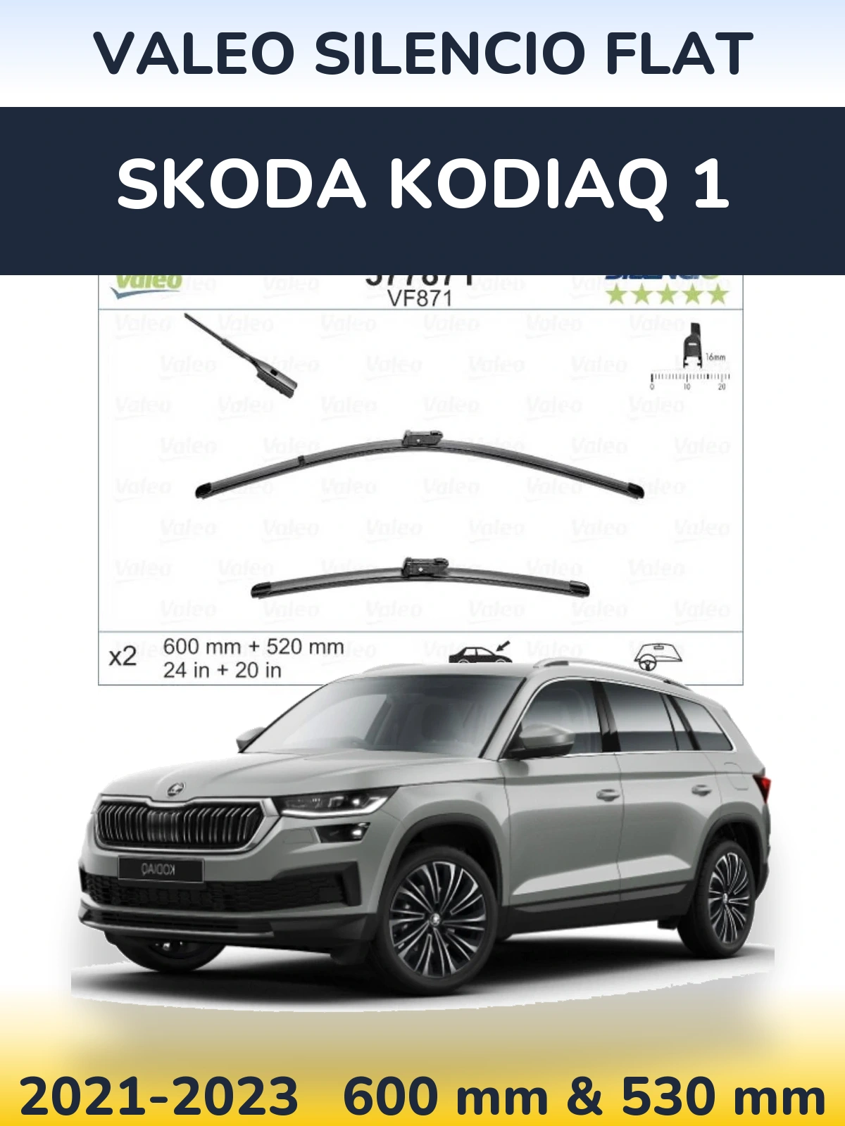 Sada předních stěračů Valeo Silencio Flat 600 a 520 mm pro Skoda Kodiaq 1 2021-2023